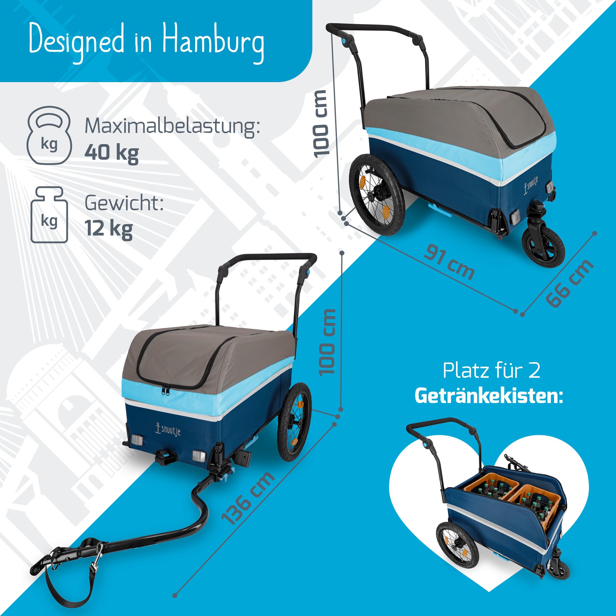Fahrradanhänger | Lastenanhänger für Fahrrad & ebike | 40 kg Tragkraft 120 Liter | faltbar | mit Regenschutz | perfekt für Einkauf, Ausflug, Festival