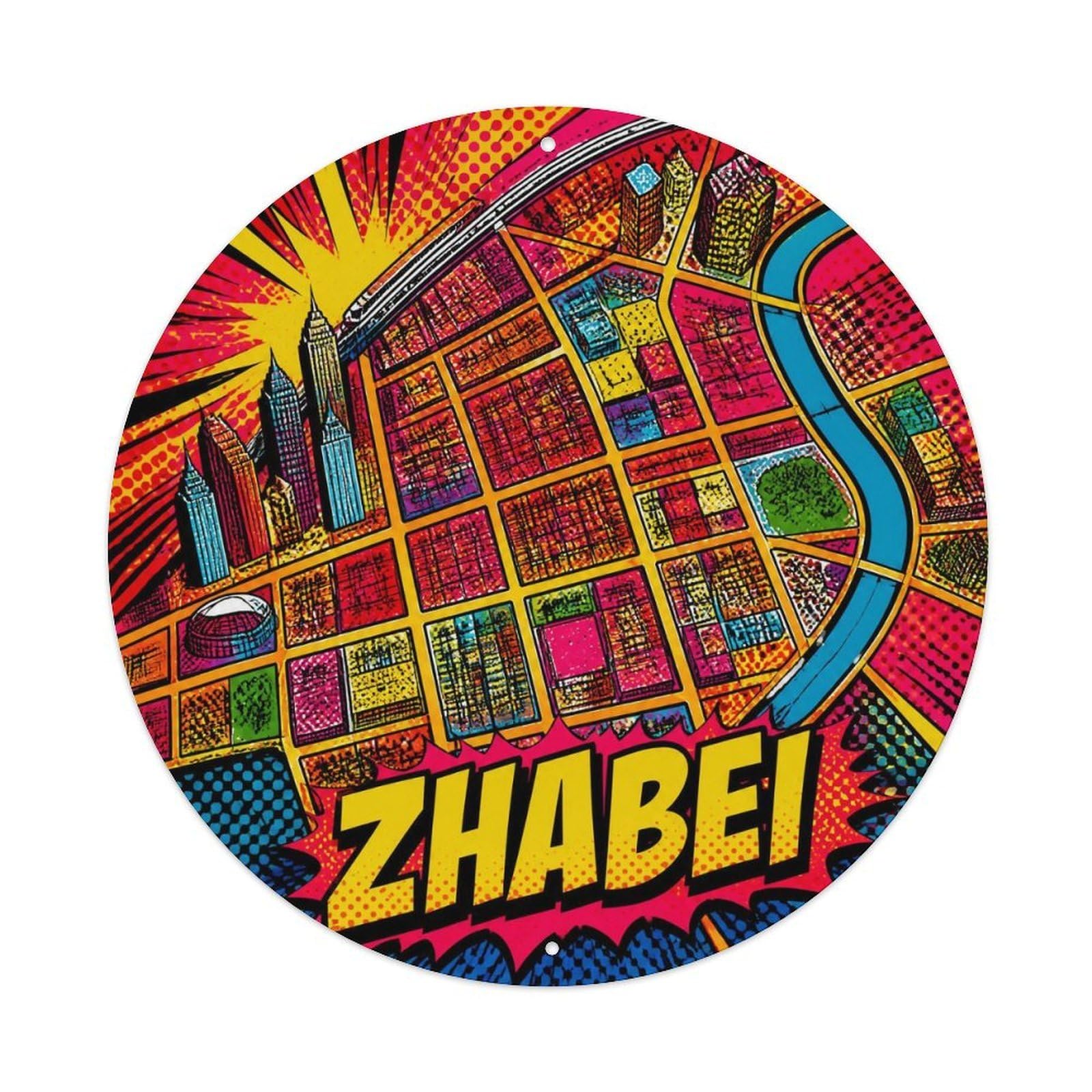 Okngb Style Vintage Travel Shanghai Zhabei District Color Blocks Metal Tin Sign Plaque Wall Decor For Cafe, Man Cave, Club Bar, Office, Home Garden Round Metal Poster 8X8inch