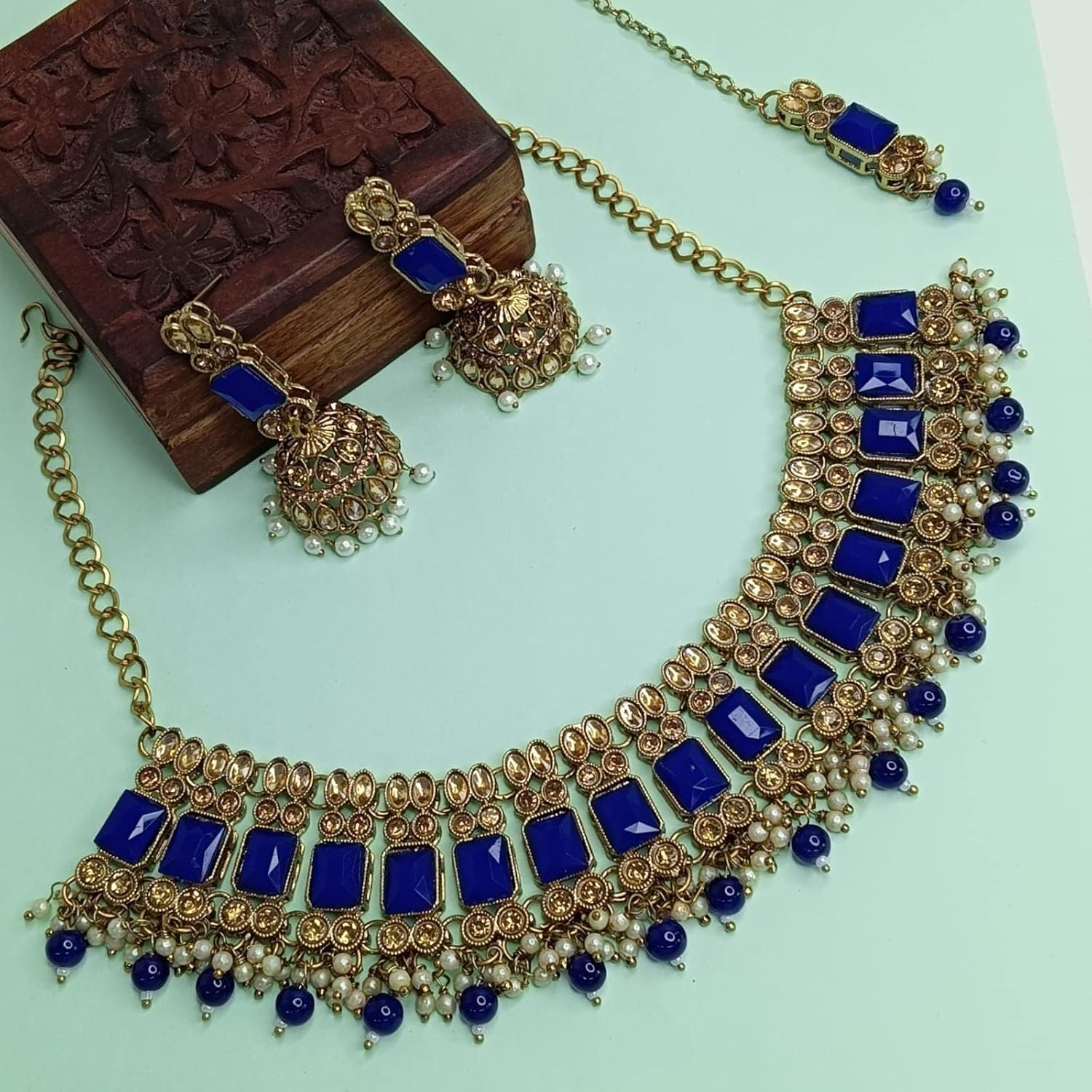 Efulgenz Indian Jewelry Sets for Women Traditional Bollywood Ethnic Faux Kundan Crystal Stone Necklace Jhumka Jhumki Earrings Maang Tikka Indian Wedding Bridal Sets