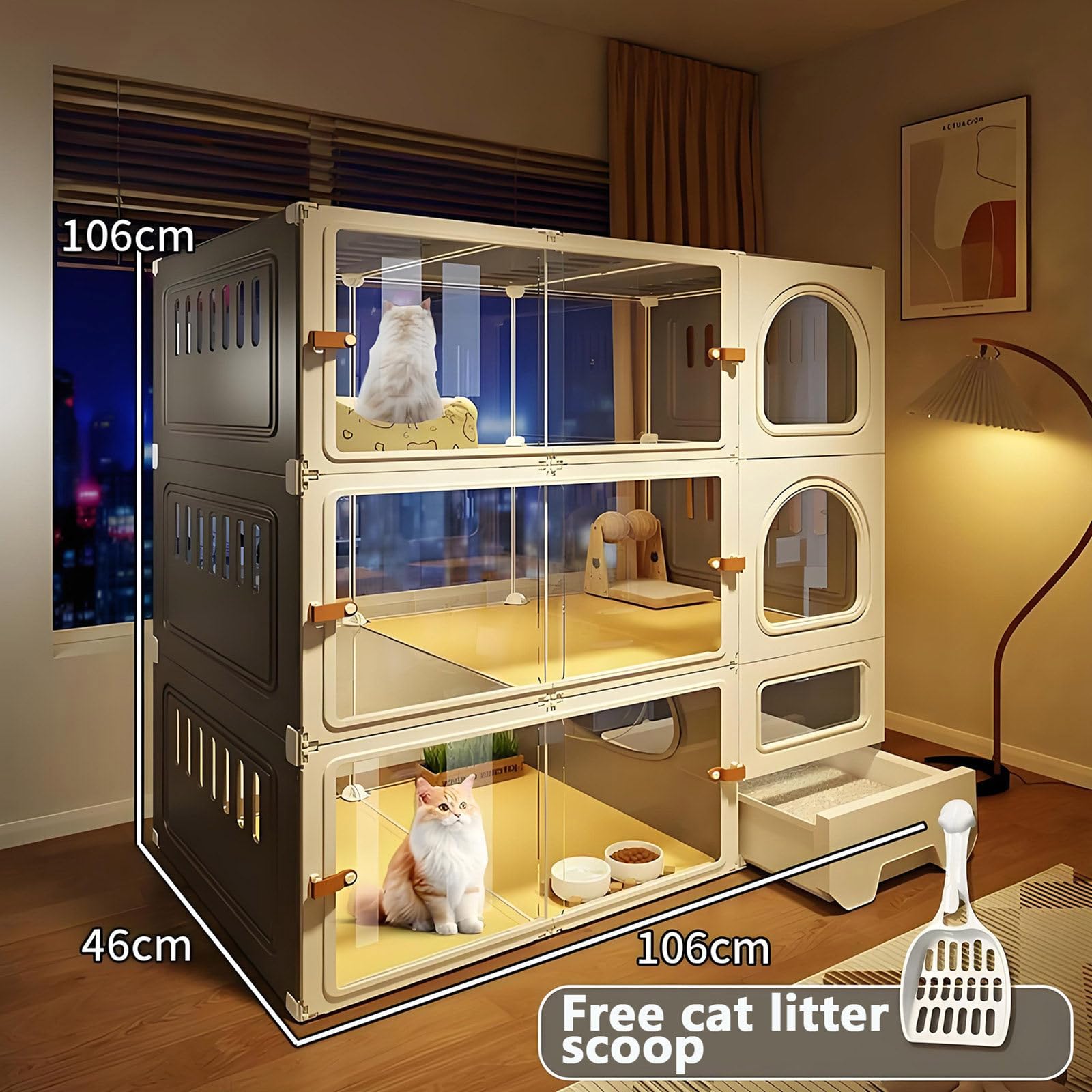 Grande gabbia per gatti a 3 livelli, per interni, trasparente, con lettiera integrata, recinto per gatti da esterno, spazioso condominio per gatti, bianco