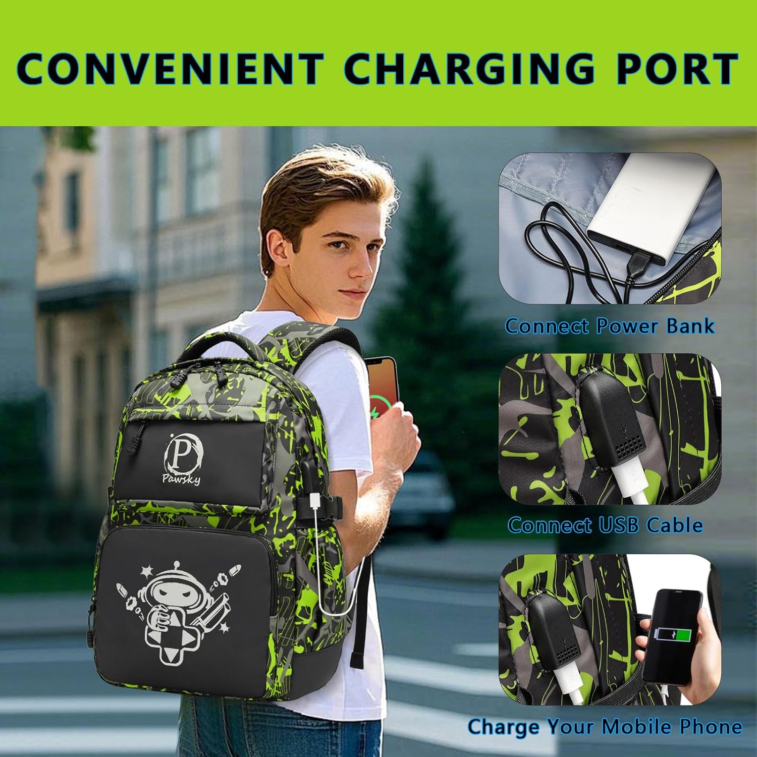Boys Backpack, Cool Luminous School Backpack with USB Charging Port for Teen Boys, Kindergarten Elementary College Middle School Bookbag Lightweight Laptop Bag with Sling Bag Set, Green - Image 4