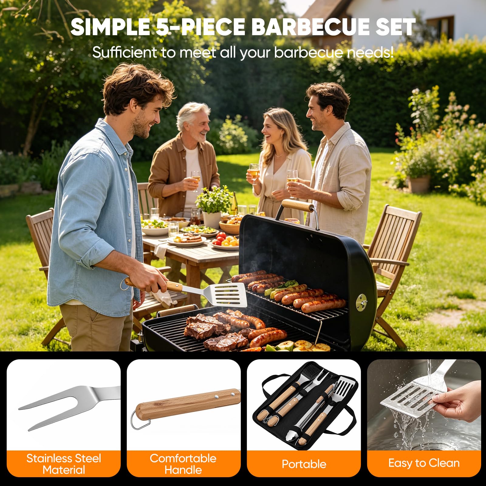 Kit Barbecue 5 Pièces, Ustensiles Barbecue en Acier Inoxydable Épais avec Manche en Bois Extra Long 42,6cm, Accessoire Barbecue avec Sac de Transport, Cadeau Homme pour Camping et Grillade