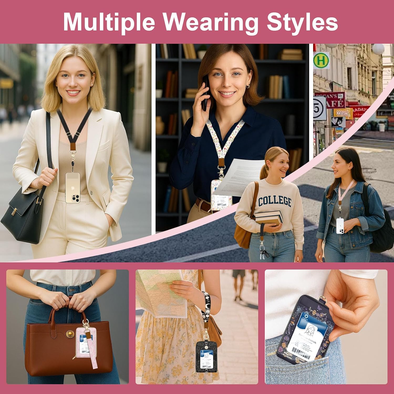 PU Leather Lanyard Wallet with ID Badge Holder with 1 Zip Pocket and 3 Card Slots Keychain Phone Lanyard Wrist Strap, RFID Blocking, for Office School Business-Sun and Moon - Image 5