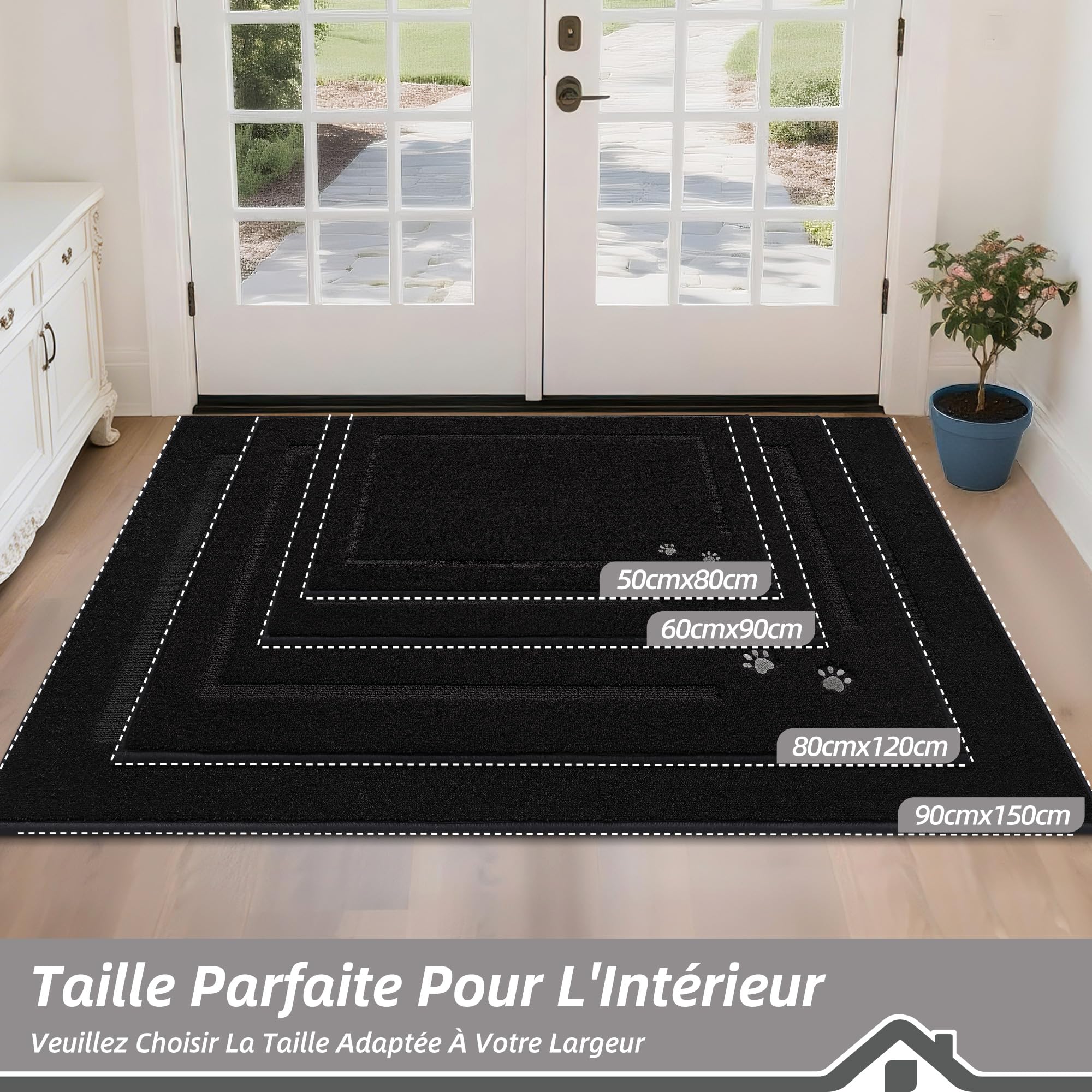 BEQHAUSE Tapis Entree Interieur, TPR Antidérapant, Noir, 90 x 150cm