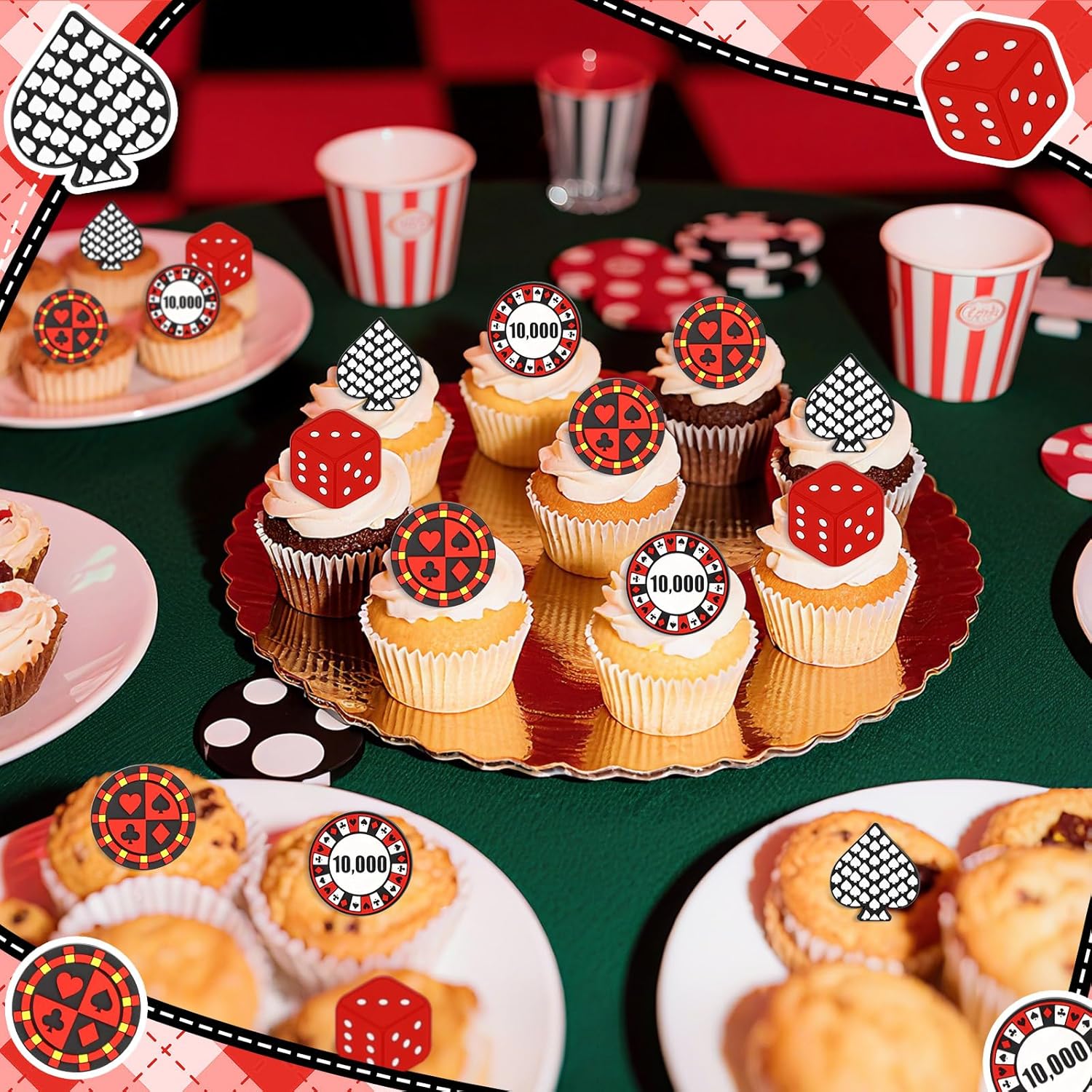24Pcs Casino Cupcake Ring Toppers Poker Chips Heart Dice Cupcake Toppers Casino Theme Party Cake Decorations for Poker Game Night Las Vegas Birthday Corporate Events Party Supplies