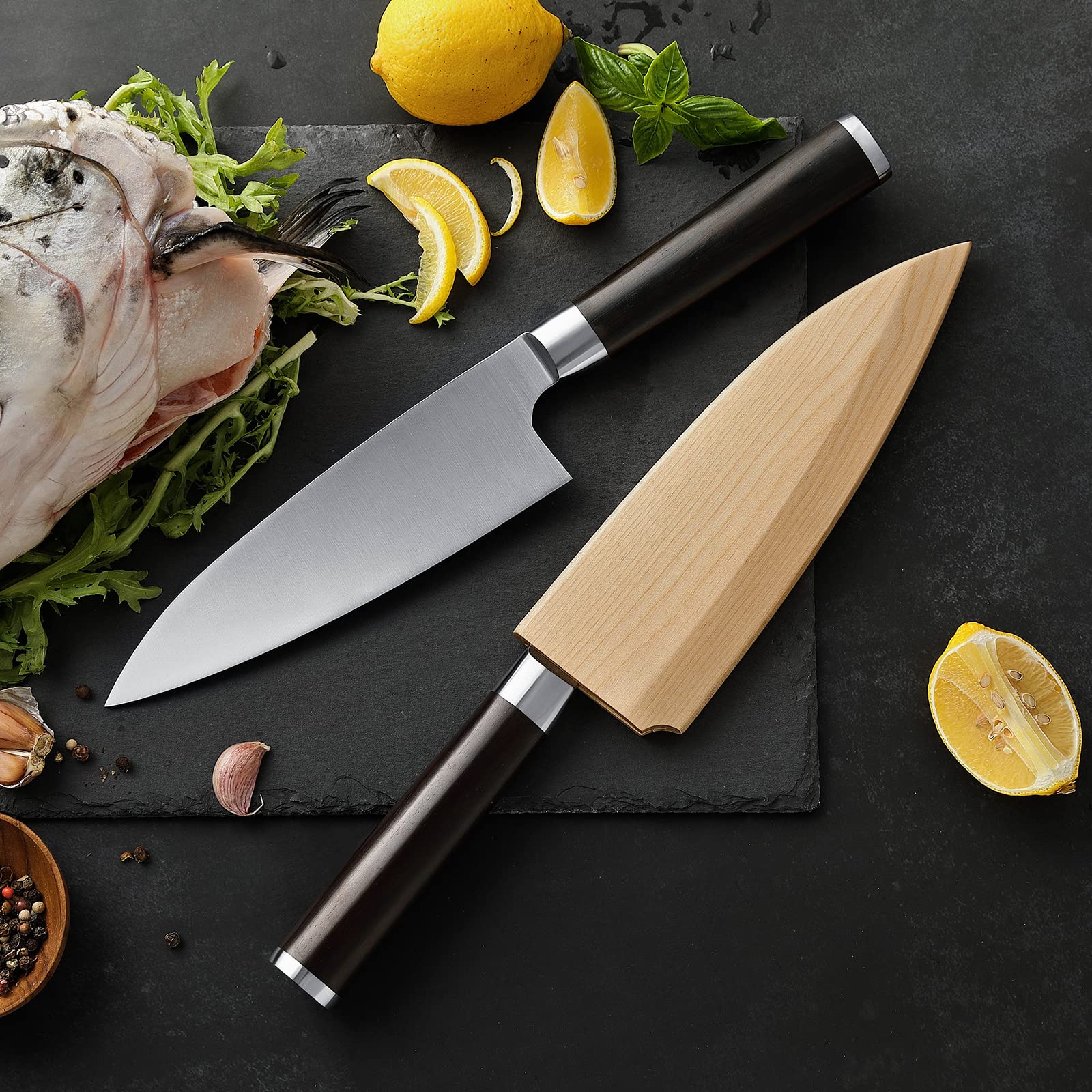 XINZUO 18cm Deba Messer Edelstahl X8Cr14MoV, Japanisches Sashimi Sushi Messer Einzelfase Klinge- Kochmesser Profi Fischmesser Ebenholzgriff -mit Scheide aus Birkenholz
