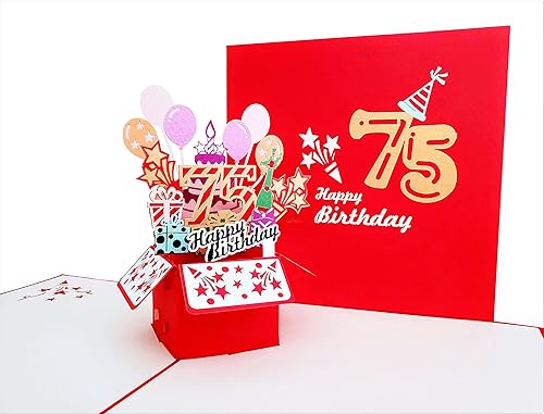 Miniatura 5 de iGifts And Cards Tarjeta de felicitación emergente 3D con caja de fiesta de cumpleaños número 75 color rojo – Setenta y cinco, increíble, globos,