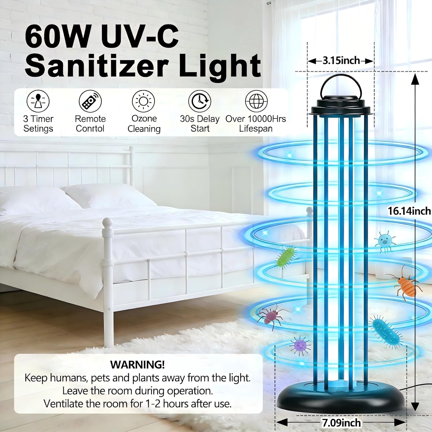 Whole Room Surface UV Light Sanitizer 60W, Professional UV-C Lamp with Remote & 3 Timer Settings for Home, Room, Kitchen, Commercial, Mattress & Bedding, Efficient Surface Cleaning in 15 Mins