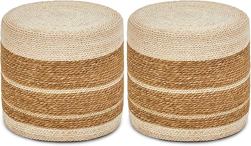 Miniatura 3 de Wimarsbon Puf otomano de 2 piezas, taburete de pie de hierba marina natural, otomana redonda tejida a mano, asiento decorativo bohemio, puf trenzado