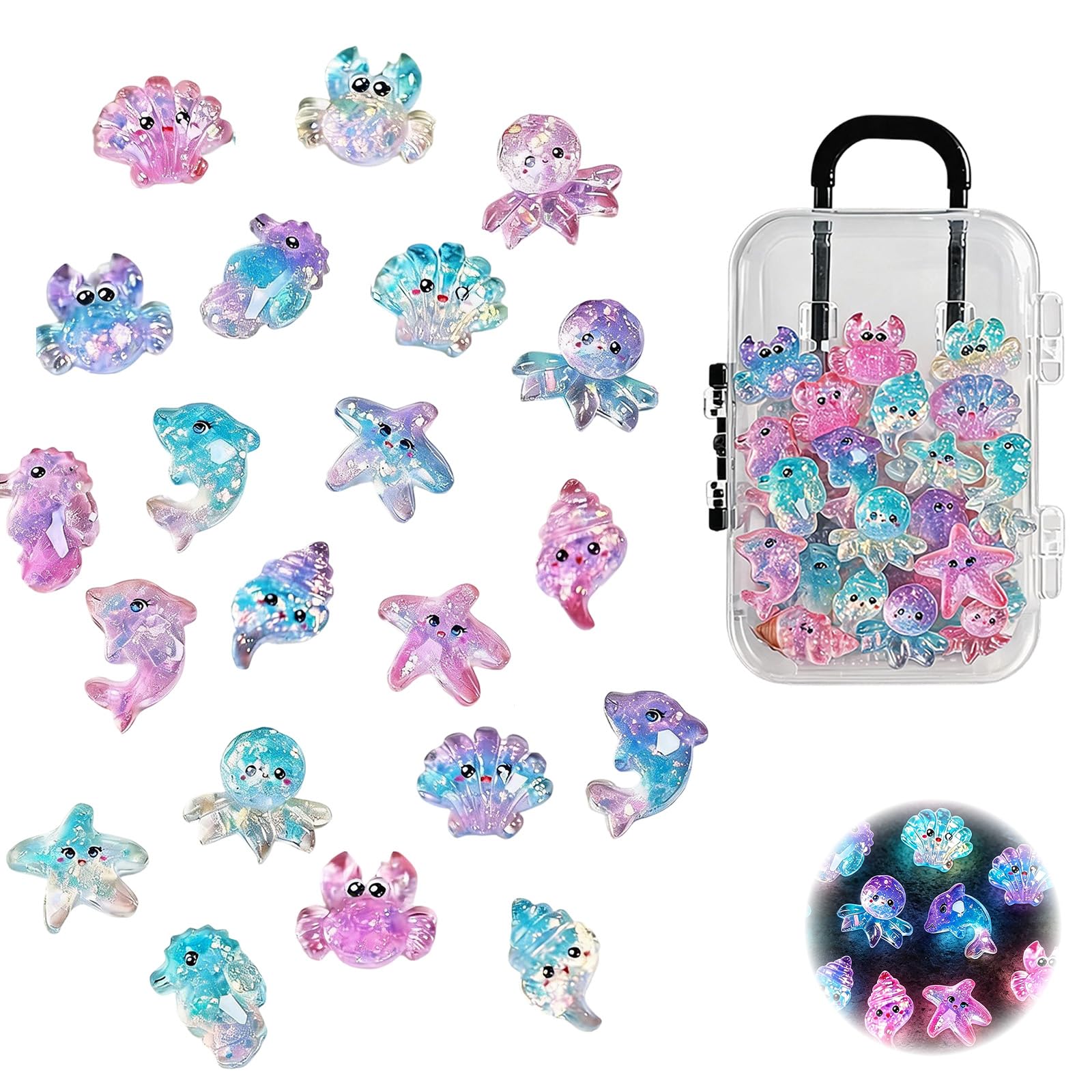 Mini Resin Animals, 40PCS Resin Animals Mixed with Mini Suitcase, Luminous Ocean Animal Figurines for Fairy Garden Dollhouse Fish Tank Aquarium Micro Landscape (Random Styles)