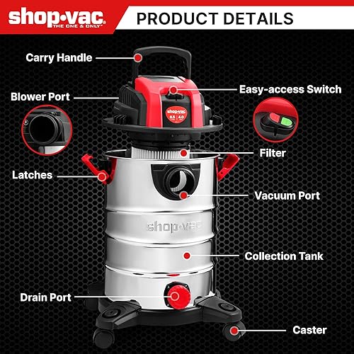 Miniatura 7 de Shop-Vac Aspiradora húmedaseca de 6.5 galones y 4.0 HP con función de soplador, tanque de acero inoxidable, aspiradora portátil con ruedas, incluye