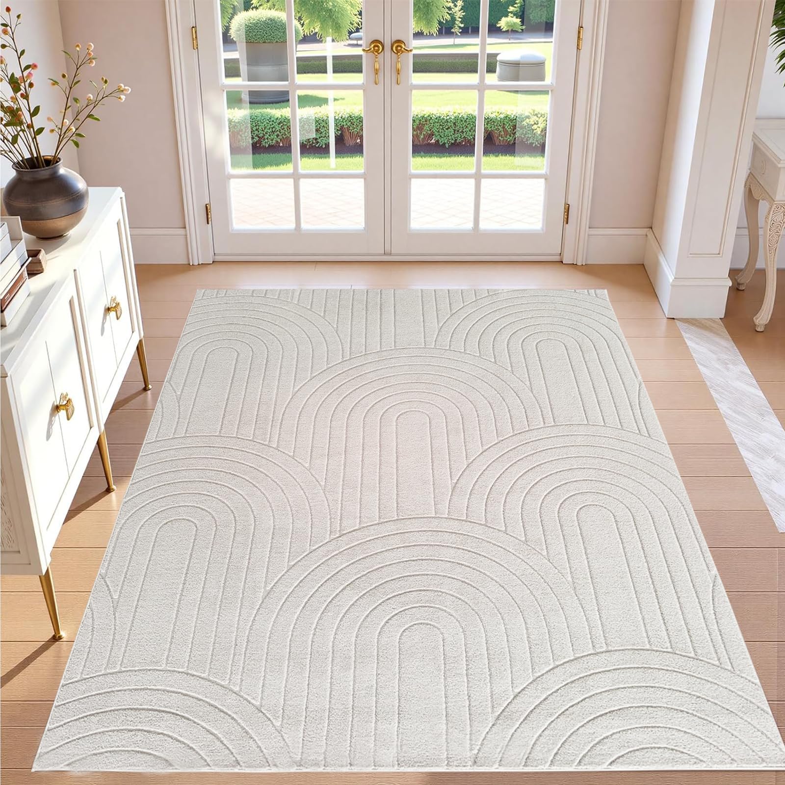 Tapis de salon doux et lavable beige pour une chambre cocooning de 150x200 cm