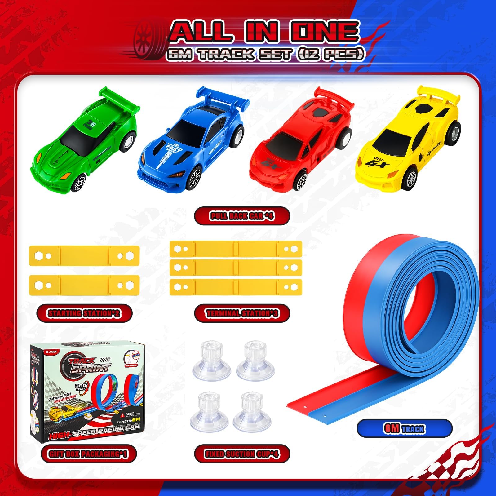Pista Macchinine Arrotolabile 6M per Bambini 3 4 5 6 7 Anni, Giocattolo Circuito di Corse Flessibile e Portatile con 4 Auto, Compleanno Natale Regalo per Ragazzi e Ragazze, Blu e Rosso