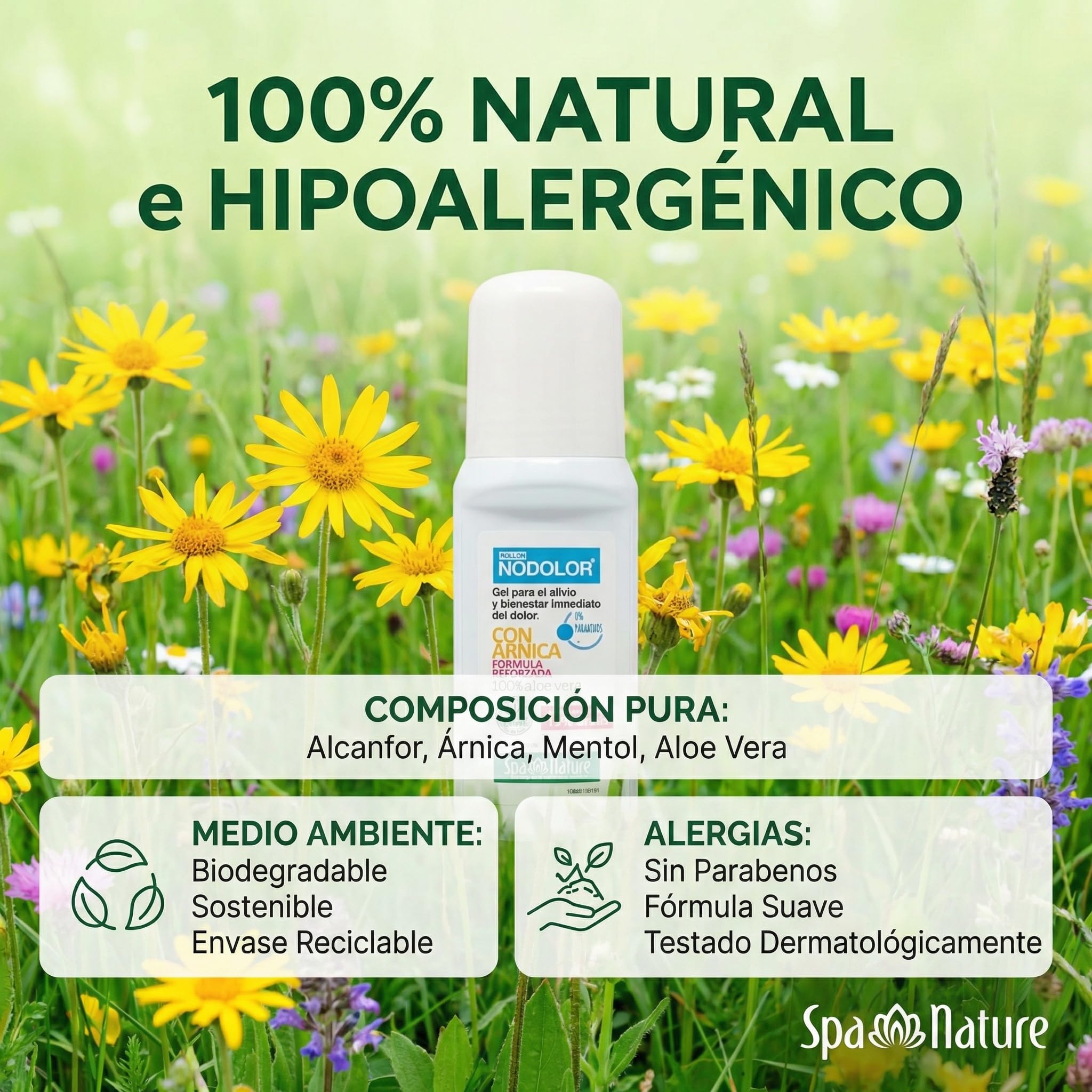 Spa Nature Rollon NoDolor-Gel para Alivio Inmediato del Dolor para Músculos y Articulaciones-Arnica y Aloe Vera 100% Natural, 70 ml