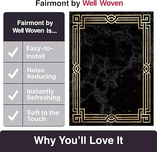 Miniatura 8 de Well Woven Lezlee - Alfombra abstracta moderna de 9 pies 3 pulgadas x 12 pies 6 pulgadas, borde de mármol negro y dorado, para sala de estar,