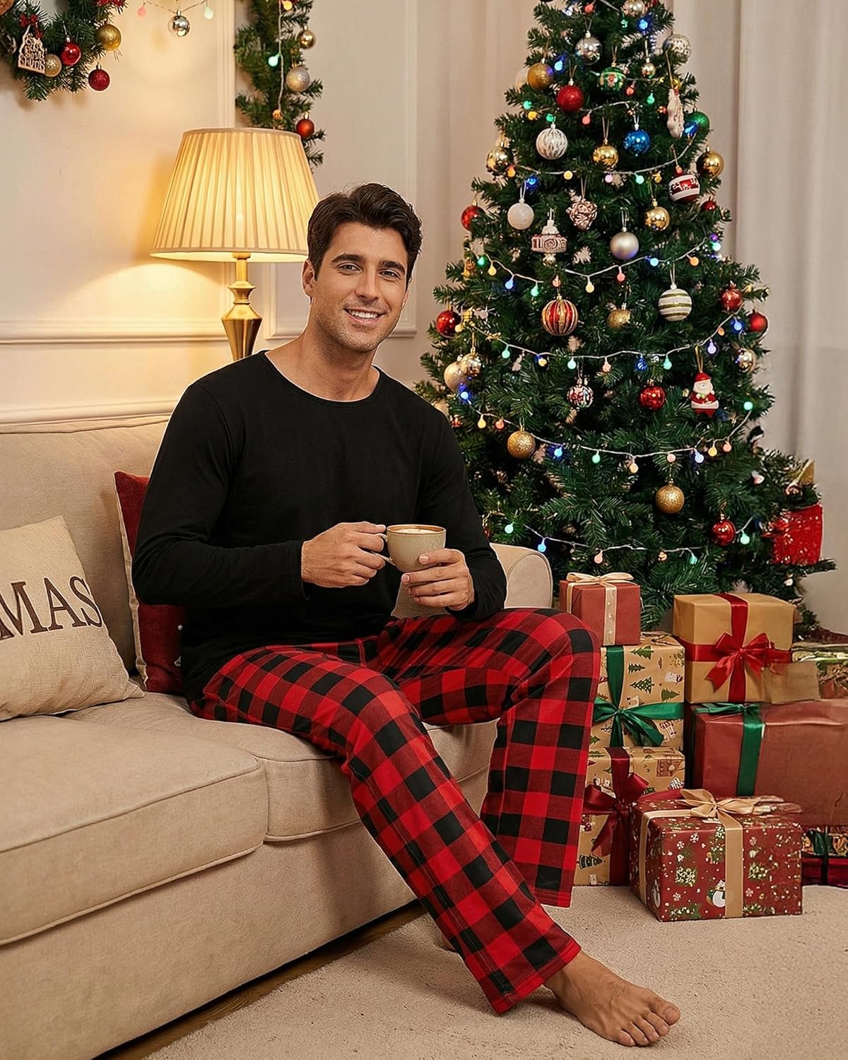 Hillban Couples Christmas Matching Pajamas Sets Family Buffalo Plaid Pants and Long Sleeve Tee Loungewear for Holiday - Image 3