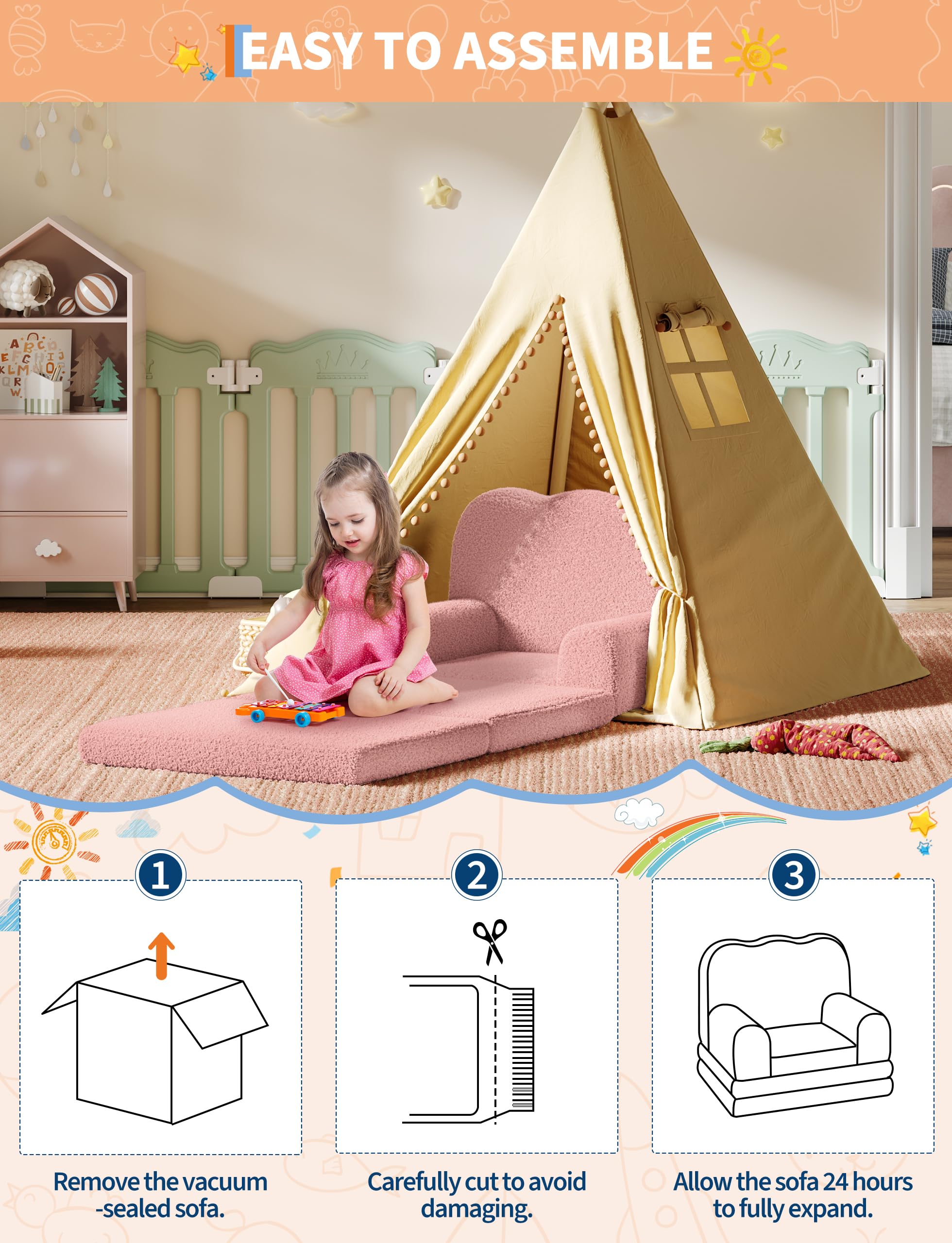 Garvee Kindersofa, 2-in-1 Konvertierbare Teddy Fleece Stoff Kleinkindsofa, weicher ausklappbarer Couch für Kinder, bequemes Kindersofa für das Spielzimmer, Kinderzimmer, Geburtstagsgeschenk
