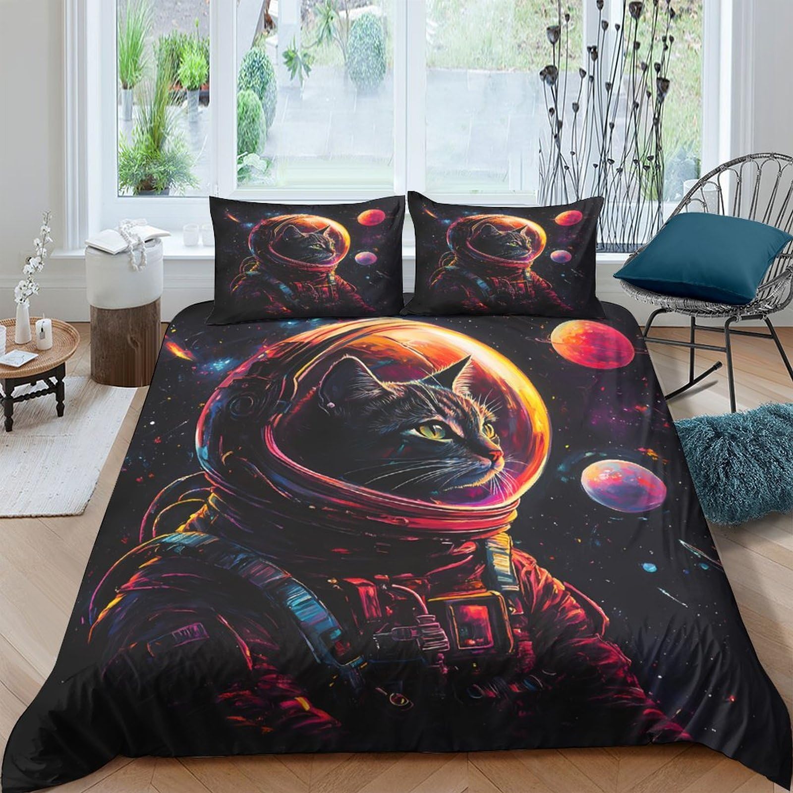 Ctjqhvkz Style-6 3D Printed Space Cat Fitted Sheet Microfiber Soft Breathable Astronaut Planet Bed Cover For Bedroom Dorm Decor Single（135X200cm）