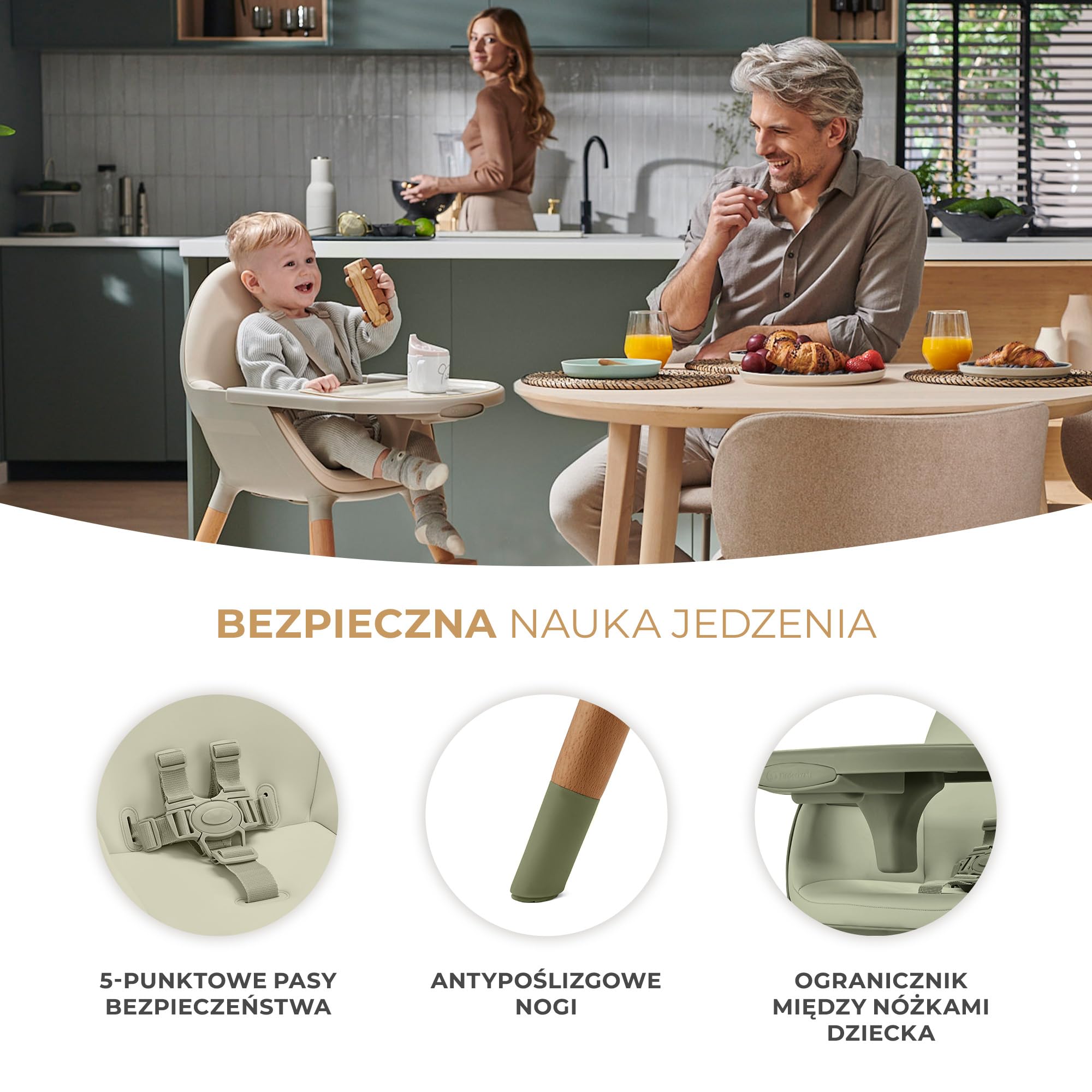 Kinderkraft Krzesełko do karmienia FINI2 2w1, Krzesło dla starszaka, Regulowana zdejmowana tacka, Drewniane antypoślizgowe nożki, 5-Punktowe pasy bezpieczeństwa, Łatwy w czyszczeniu, Zielony