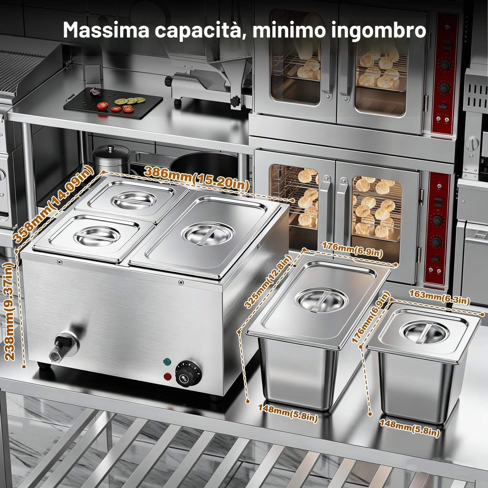 TAIMIKO Bain Marie scaldavivande 1500 W elettrico a buffet 220 V pentola a fusione professionale scalda piatti con 1 x 1/3 e 2 x 1/6 pentole (3 pentole)