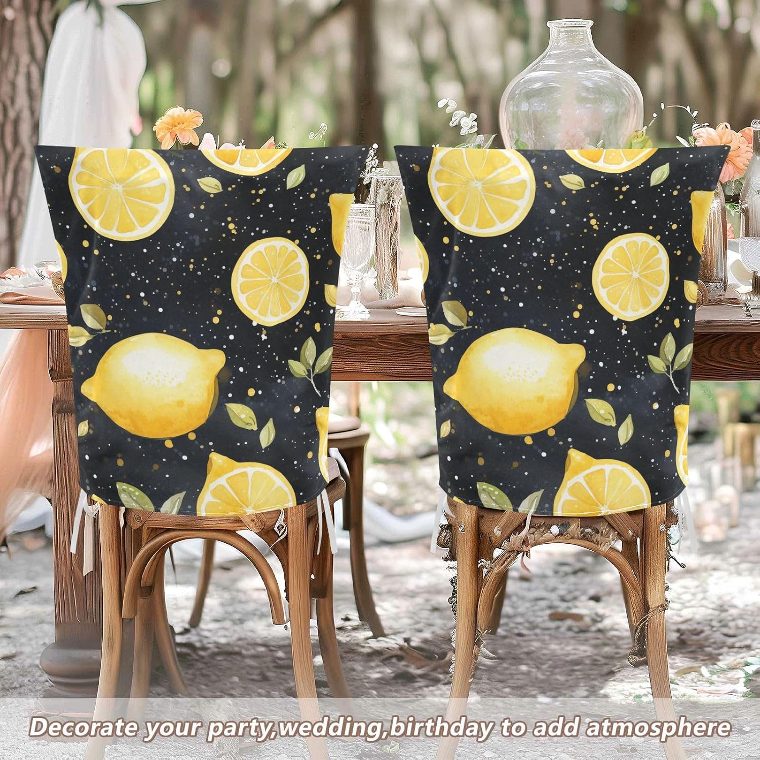 ALAZA Lemon on Black Background Chair Back Cover Set of 6, Washable Reusable Removable Chair Slipcovers Decorative Chair Cover for Home Kitchen Wedding Party