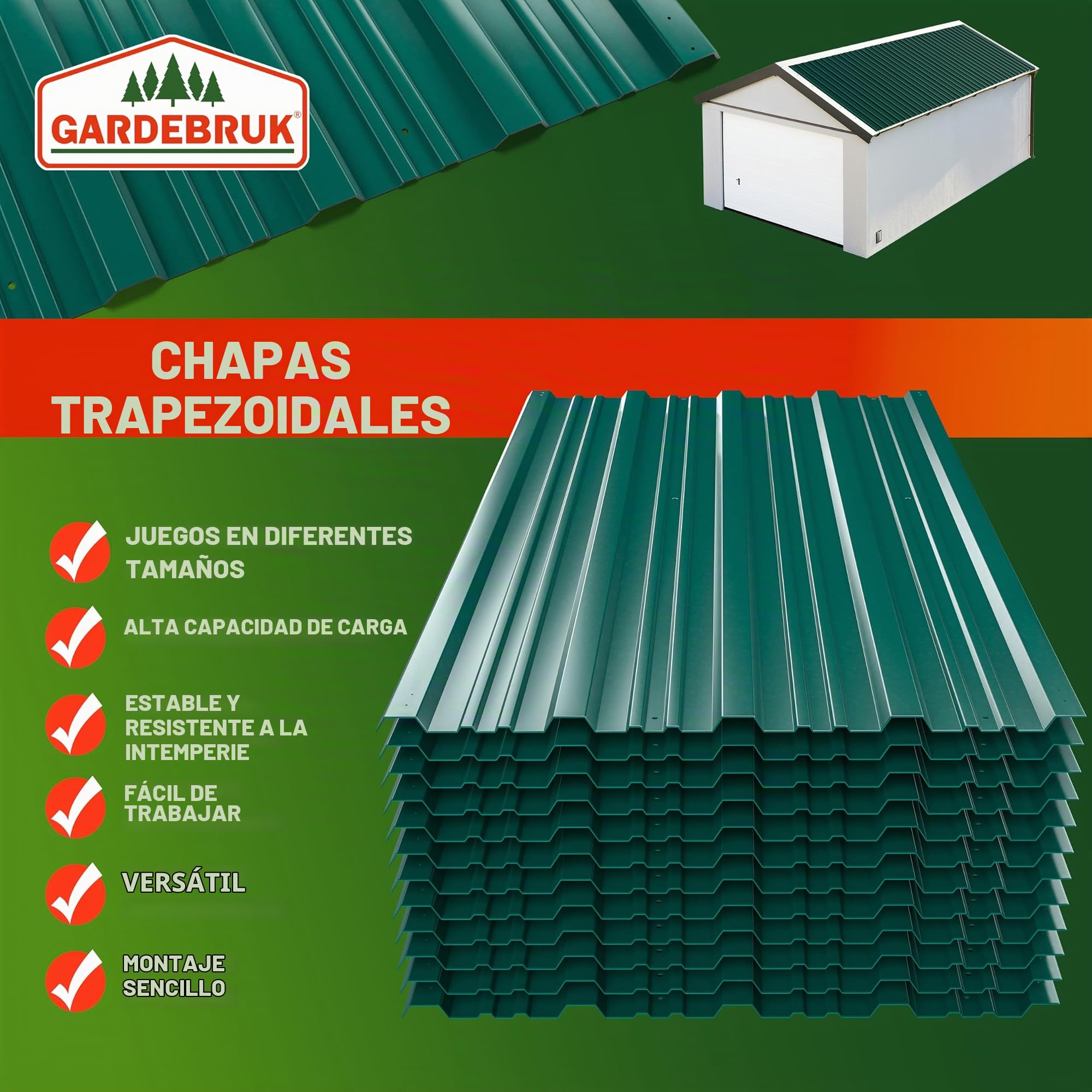 GARDEBRUK® Paneles para Tejado, Chapas Onduladas, Perfiladas Techo 14m², Placa Sandwich Perforada Galvanizadas, Cobertizo Garaje, Revestimiento Pared Caseta, 129x46cm, 24 Unid., Construcción