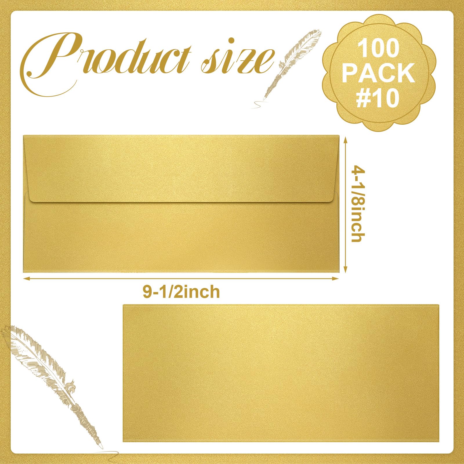 100 sobres metálicos dorados #10 de 80 libras. Texto de 4 1/8 pulgadas x 9 1/2 pulgadas, sobres de tamaño carta de negocios, imprimibles, solapa cuadrada para correo profesional, oficina