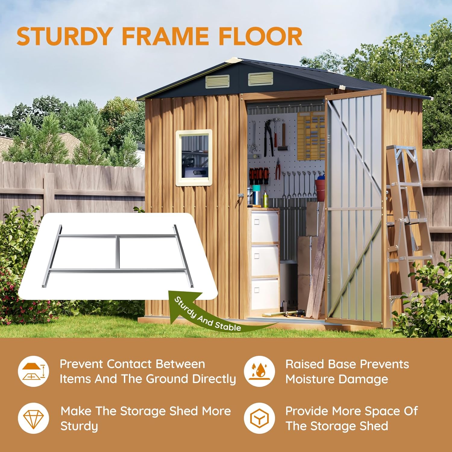 Panovue 6X4FT Garden Storage Shed with Frame Floor & Lockable Door,Steel Tool Shed with 1 Clear Window, Anti-Corrosion Metal Shed for Backyard Patio Lawn (Light Wood Grain)