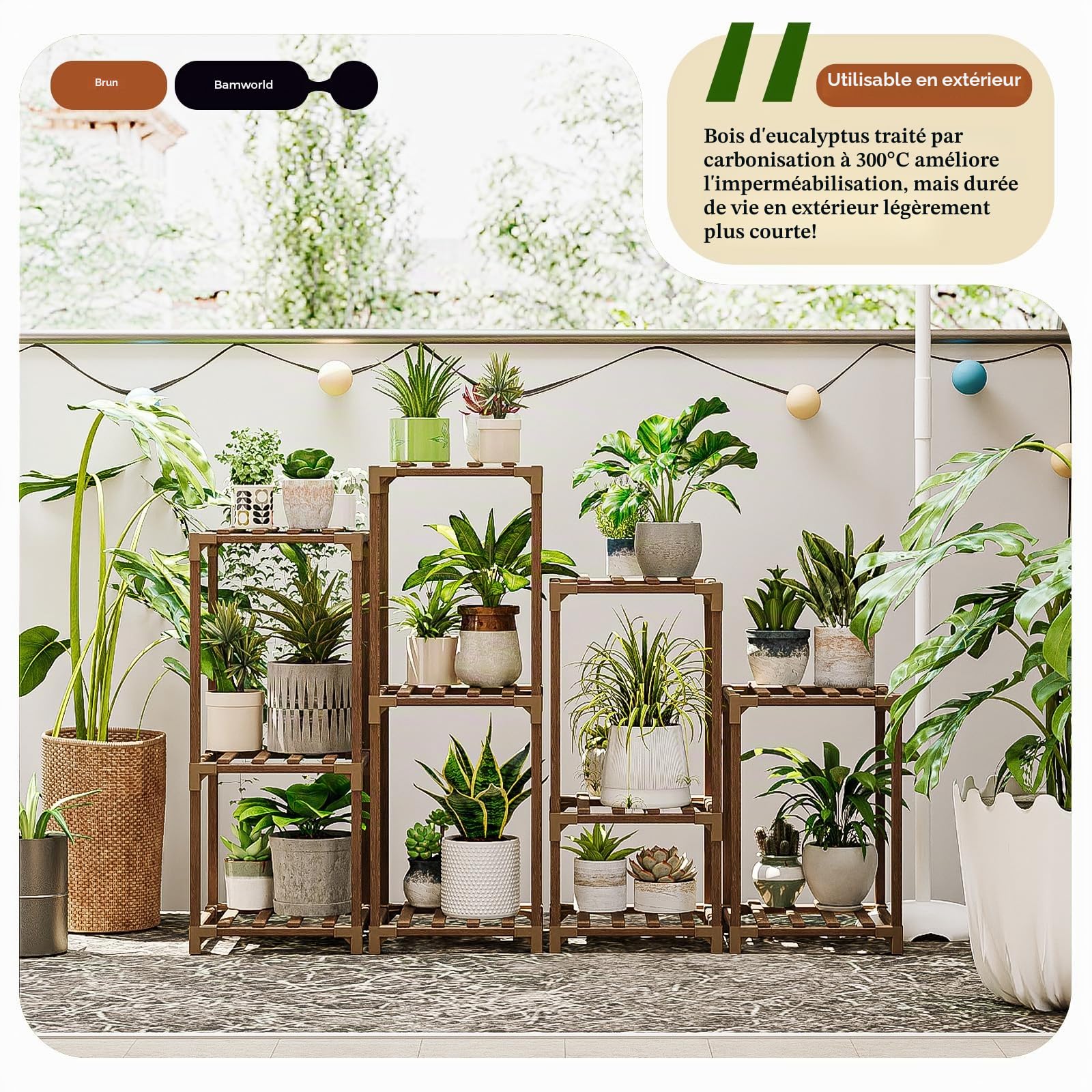 Bamworld Lot de 4 supports pour plantes d'intérieur et d'extérieur pour salon, balcon, jardin