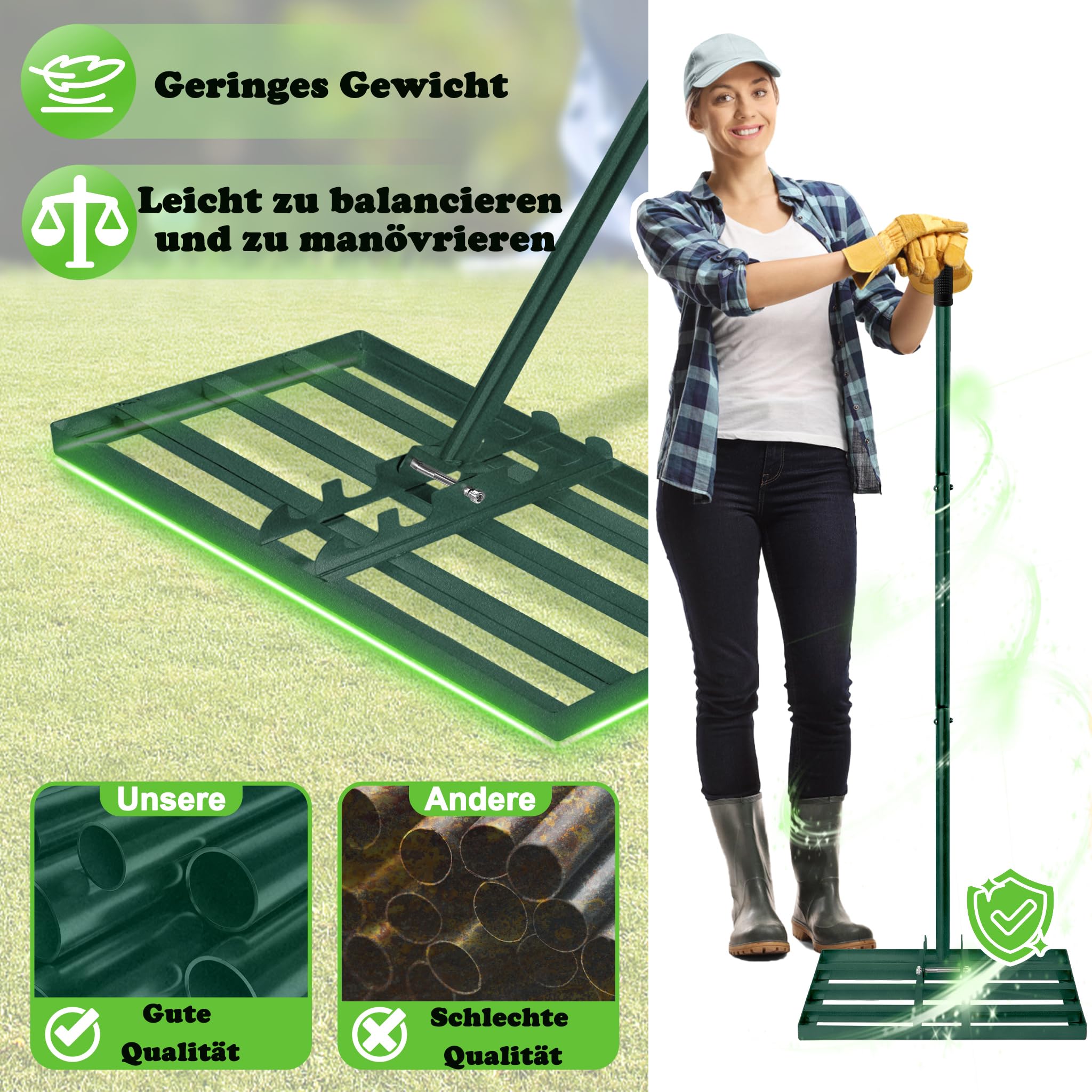 Aufun Raschietto per prato Leveling Rake Golf professionale con lunghezza regolabile manico per campo da golf, giardino, cortile (25 x 75 cm)