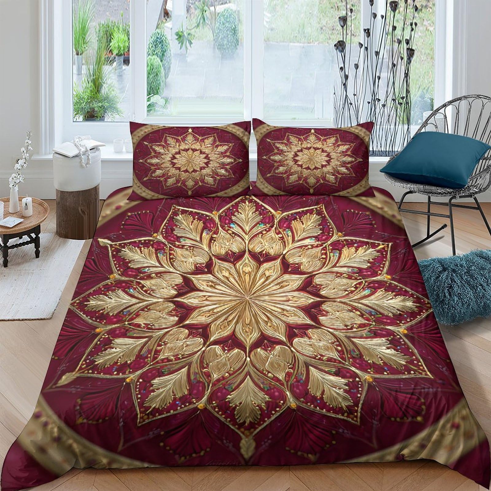 GPLZQXKJNH 3D Printed Mandala Floral Duvet Cover Set Microfiber Soft Breathable Sunburst Bedding with 2 Pillowcases for Bedroom Decor Single（135x200cm）