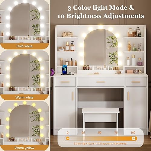 Miniatura 3 de Tocador blanco de 43 pulgadas con 11 luces LED y mirrow, mesa de maquillaje con tomas de corriente, soporte para silla y secador de pelo, tocador