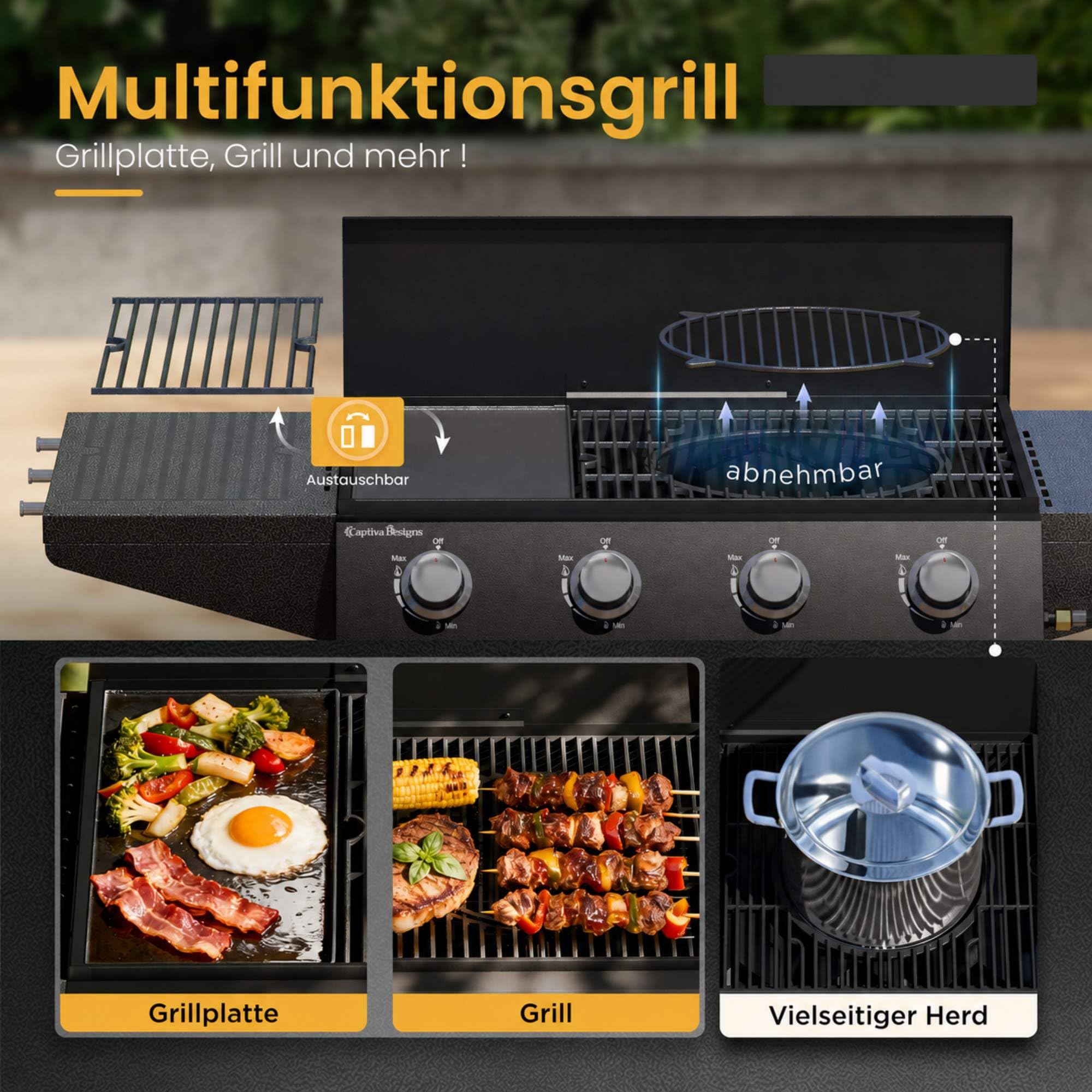 PHI VILLA Gasgrill 4 Brenner mit Plancha Grillplatte, Herausnehmbarer Rundrost Beistelltische, 4 Edelstahlbrenner mit Gasschlauch, 3110 cm² XL BBQ Outdoor Gas Grill für Garten, Terrasse & draußen