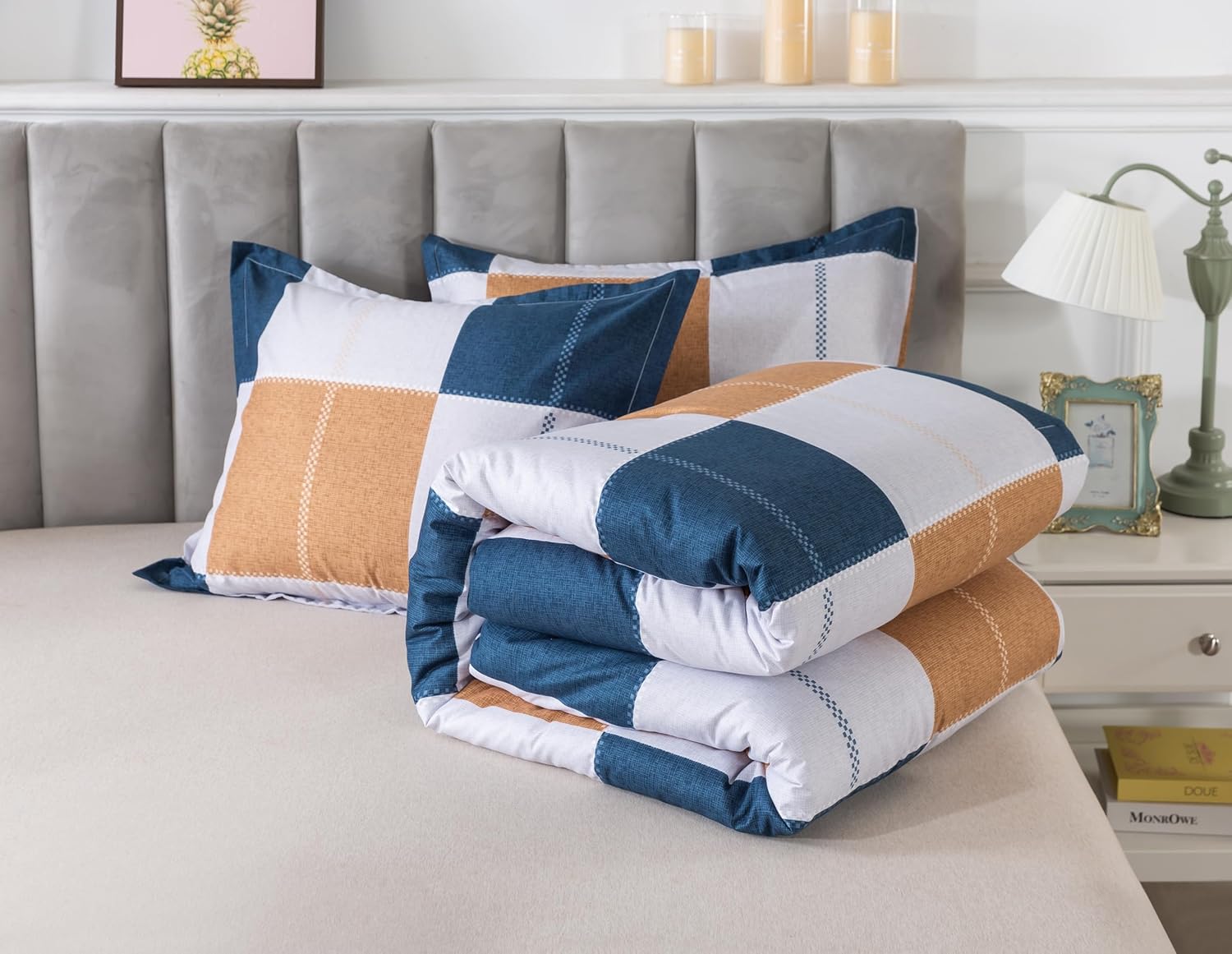 Caressma Plaid Checkered Comforter Set Navy and Gray, Fluffy Geometric Grid Buffalo Full Size 3 Pieces Comforter Set with Matching Pillow Shams