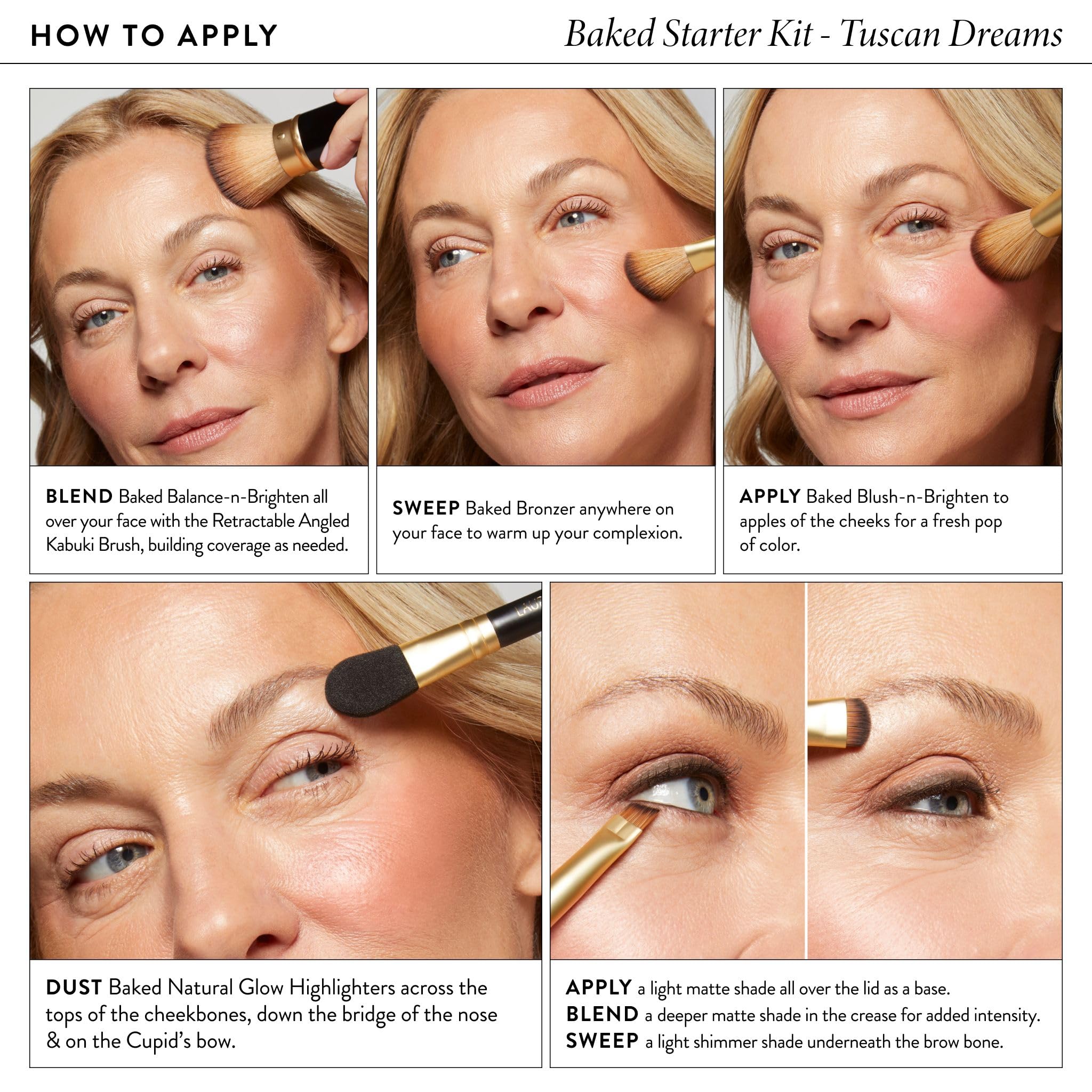 Laura Geller New York Baked Starter Kit - Baked Balance-n-Brighten, Fair + Best of the Best Tuscan Dreams Gesichtspalette + einziehbarer abgewinkelter Kabuki-Pinsel (hell)