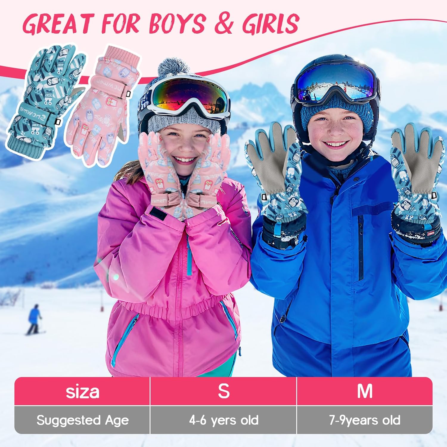 ALANGDUO 【Waterproof & Extra Warm】 Kids Winter Snow Gloves, Thickened Windproof Ski Snowboarding Gloves for Cold Weather Boys Girls - Image 5