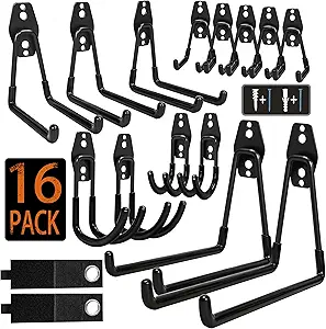 Steel Garage Storage Hooks - 16 Pack Anti-Slip Coating, Heavy Duty Wall Mount Hooks for Hanging Bike, Ladder, Garden Tools