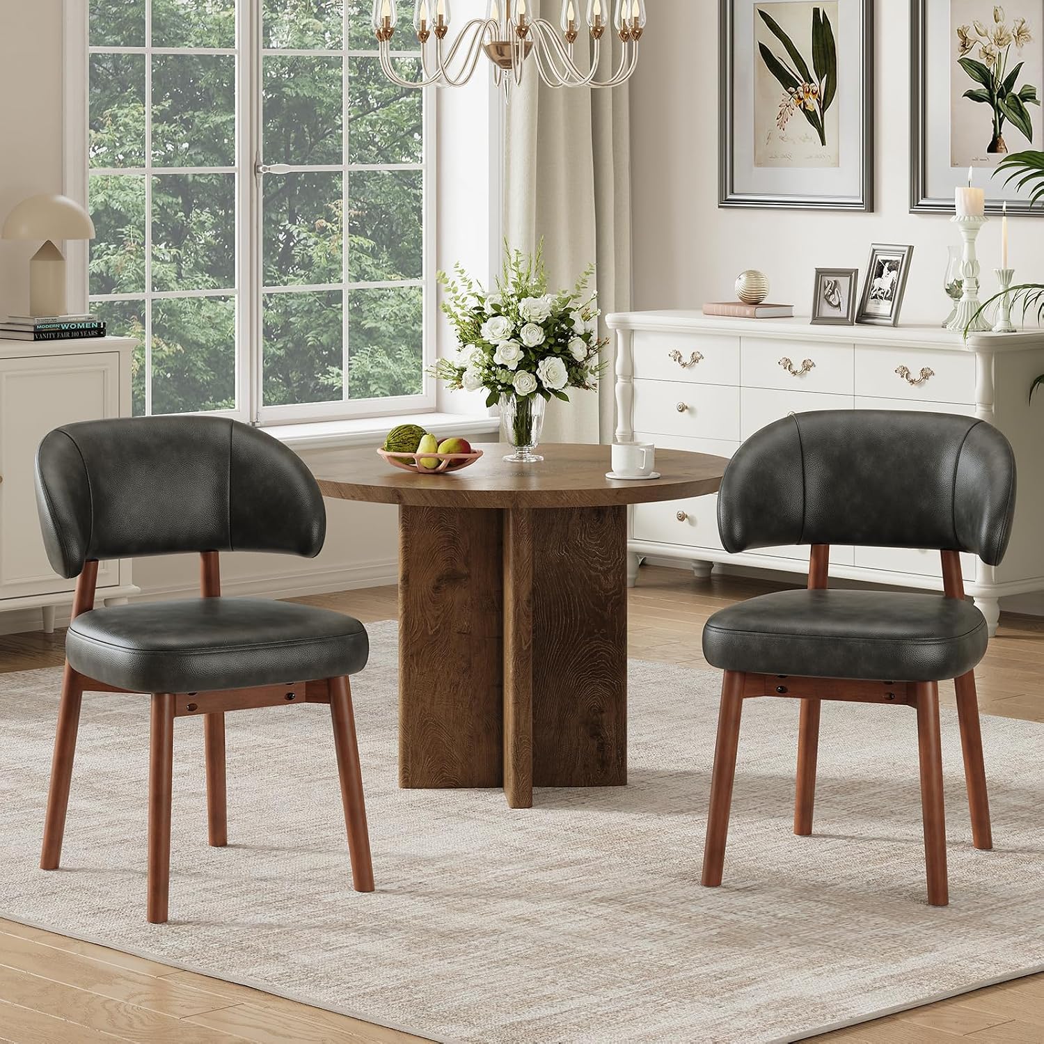 MALOL Wooden Dining Chairs Set of 2, Modern Upholstered Dining Room Kitchen Side Chairs with Curved Open Back for Living Room/Restaurant/Cafe, Black