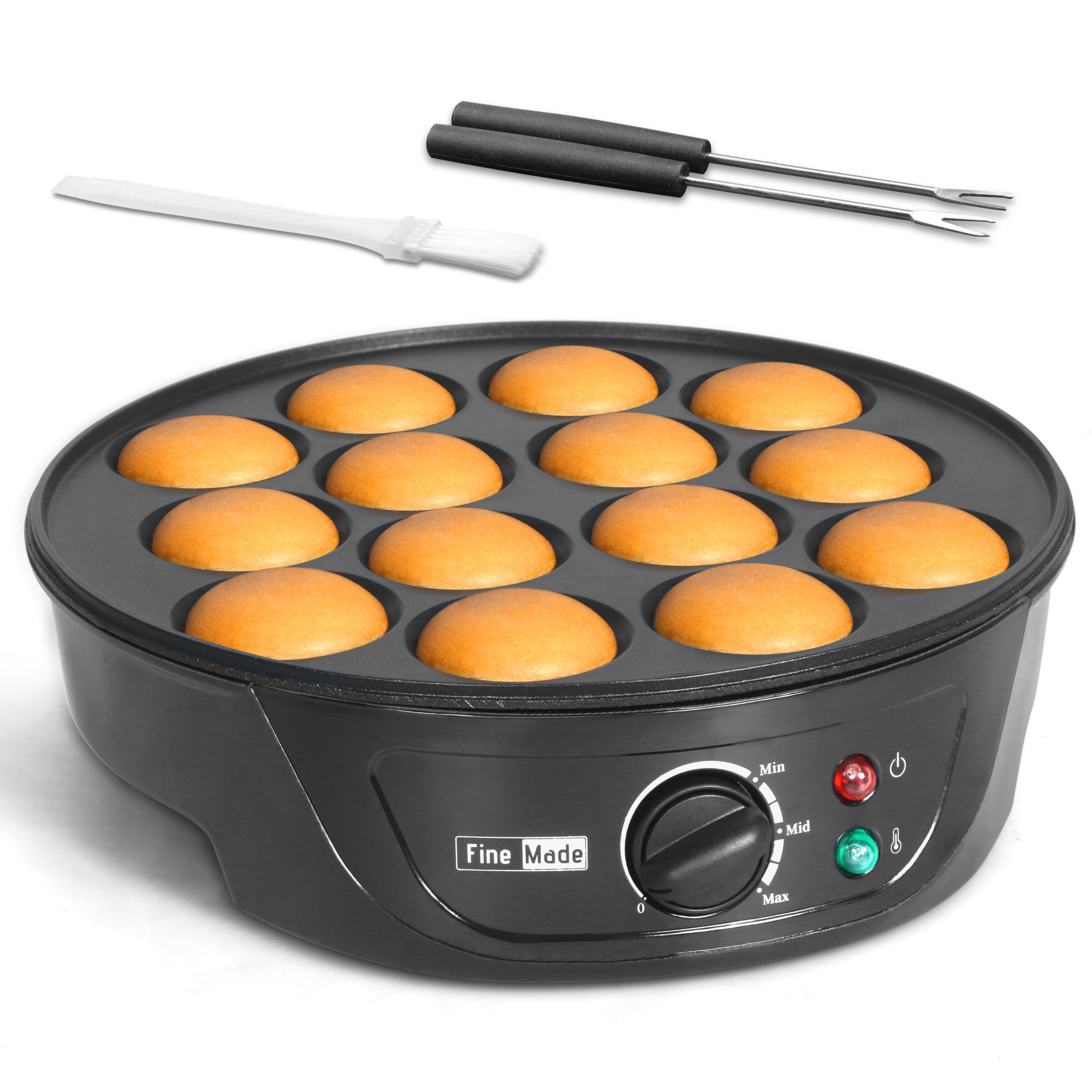 Non Stick Mini Pancakes Maker Machine, Electric Poffertjes Pan with Browning Control, Small Ebelskiver Aebleskiver Pan, Dutch Mini Pancake Maker, with Brush & Forks, 14 Slots, Black