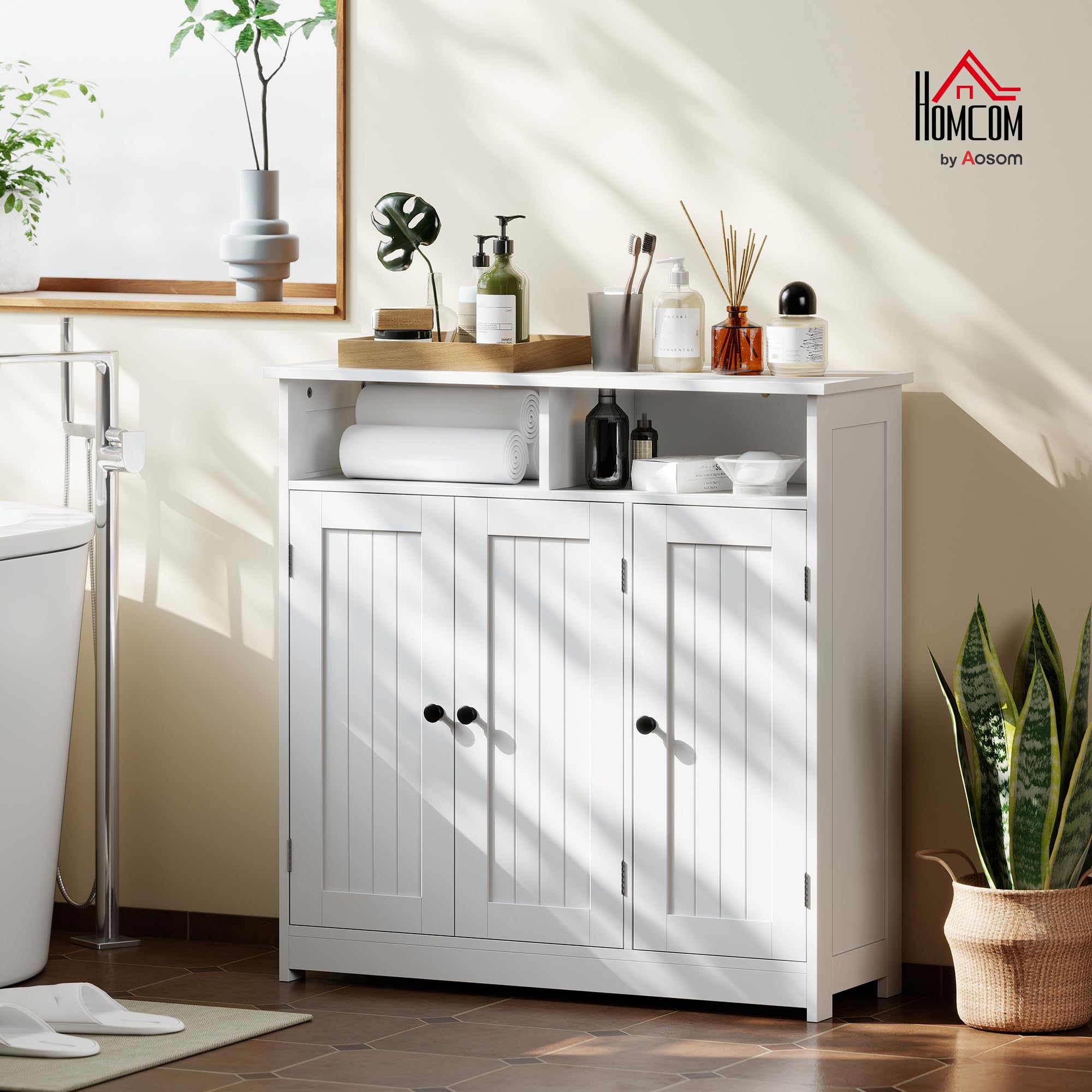HOMCOM Mobile da bagno, armadio da bagno stretto con 3 ante, 2 scomparti aperti, ripiano regolabile, per soggiorno, cucina, 85x30x85 cm, bianco