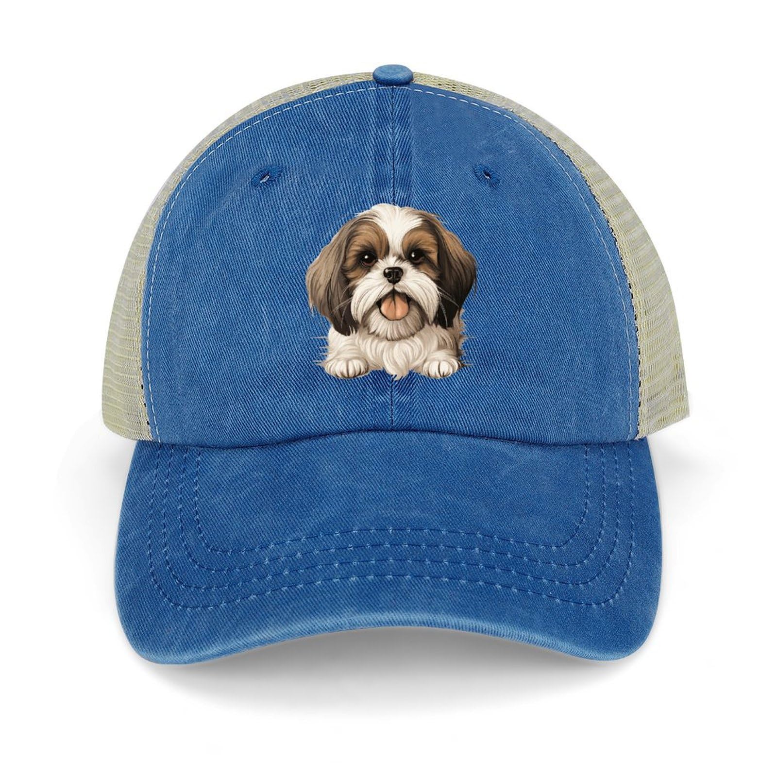 Yelolyio Shih Tzu Adjustable Mesh Back Cap Lovely Dog Baseball Caps Mesh Baseball Cap Retro Washed Trucker Cap Breathable Sun Hat Dark Blue