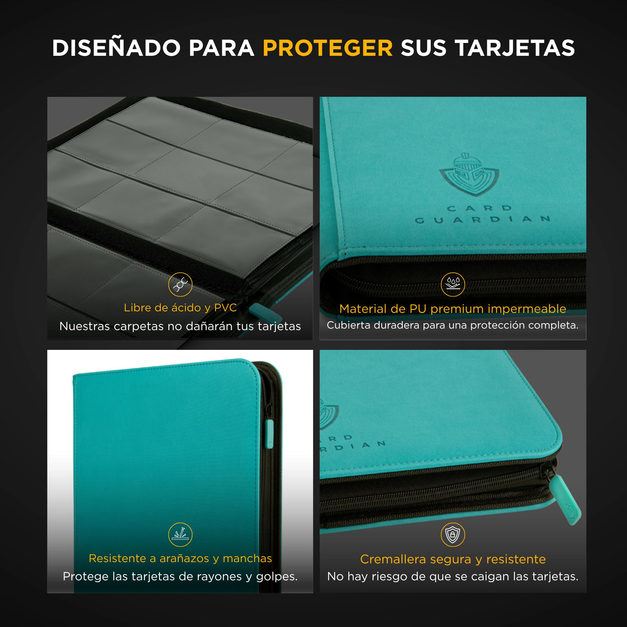 Card Guardian - Carpeta premium de 9 bolsillos con cremallera para 360 tarjetas, juegos de cartas coleccionables TCG (verde azulado) - Bolsillos laterales - Compatible con tarjetas Yugioh MTG, carpeta