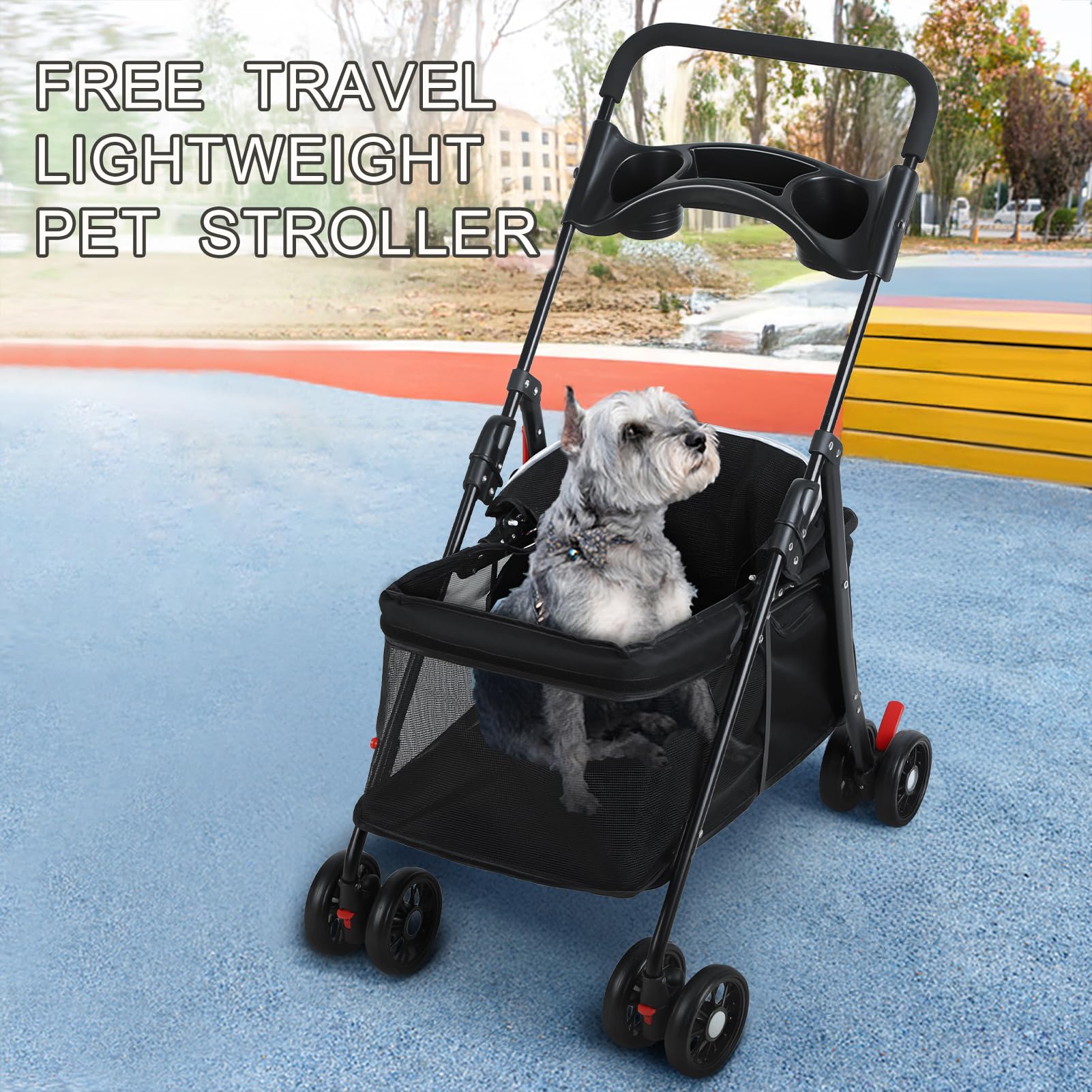 Hunde- und Katzenbuggy mit 4 Rädern, faltbarer Haustier-Reise-Kinderwagen mit Getränkehalter, tragbarer Hunde-/Katzenkäfig-Kinderwagen, kleiner Haustier-Kinderwagen mit atmungsaktivem Netz, leicht