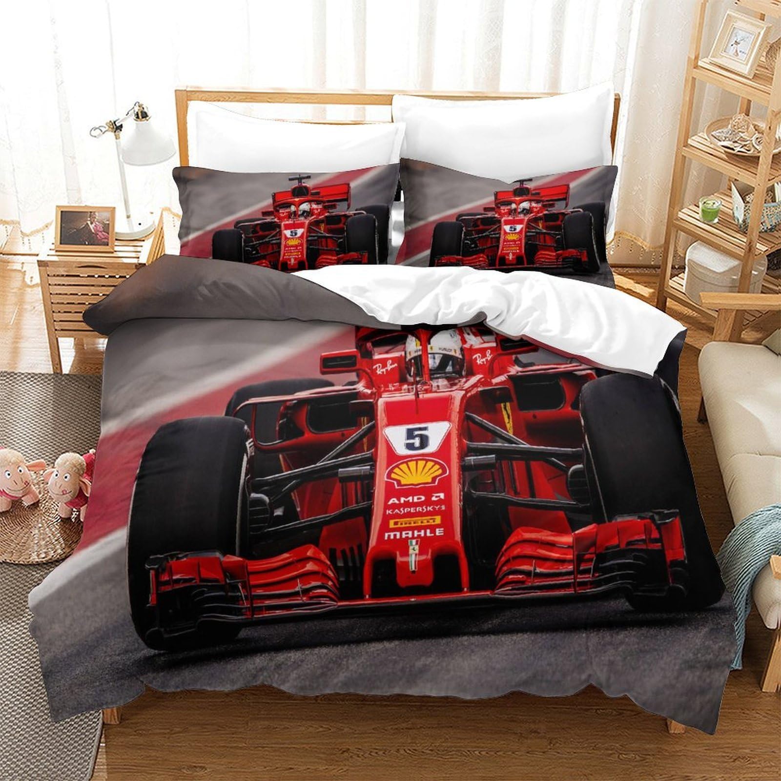 QDZHCPMYK F1 Racing Duvet Cover Set 3 PCS Hotel Quality Quilt Cover Bed Sets Bed Covers with Pillowcases with Zipper Closure Breathable Stylish Comforter Single（140x200cm）