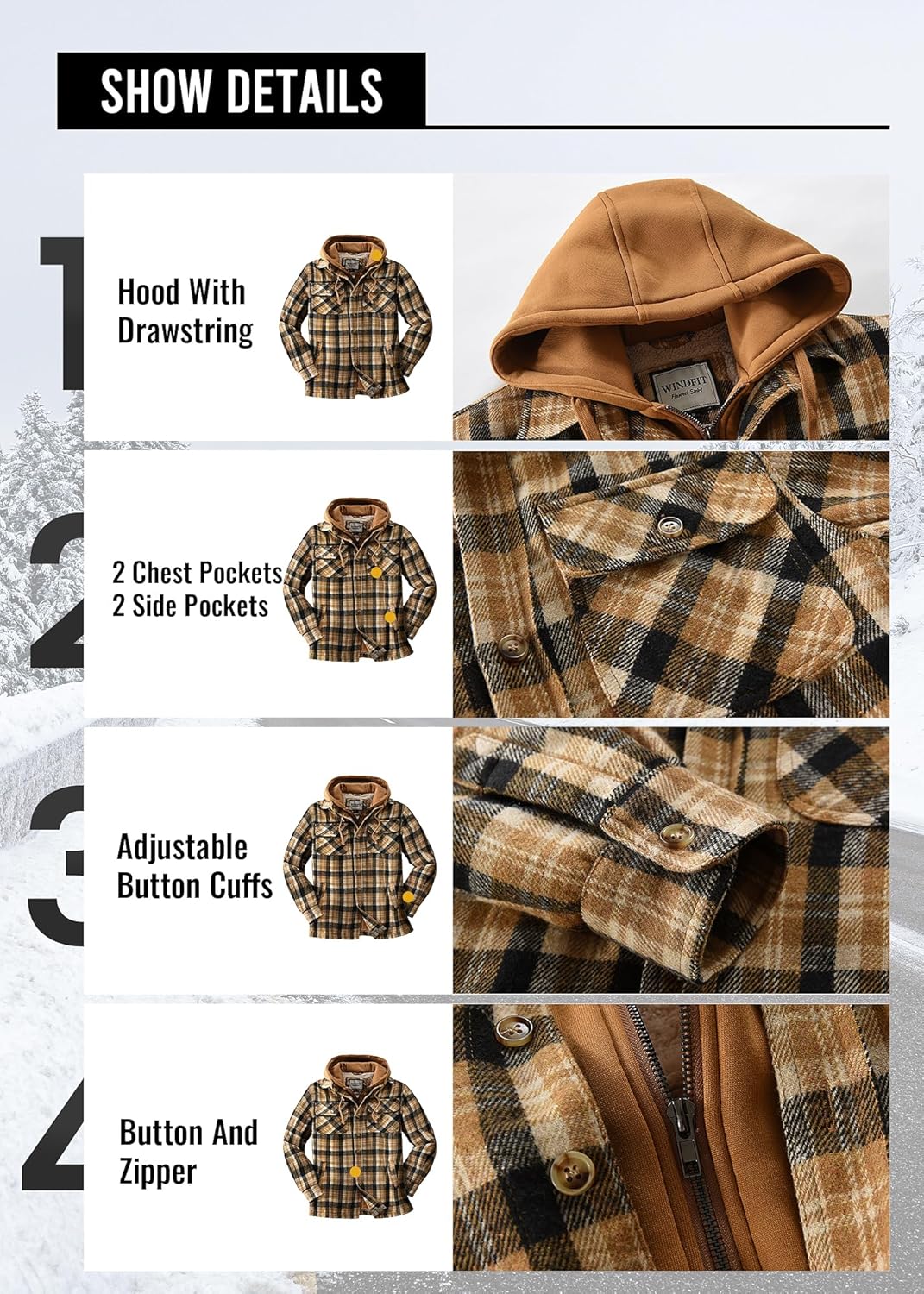 KOMANA Men's Zip Button Sherpa Plaid Flannel Shirt Jacket with Hood - Image 7