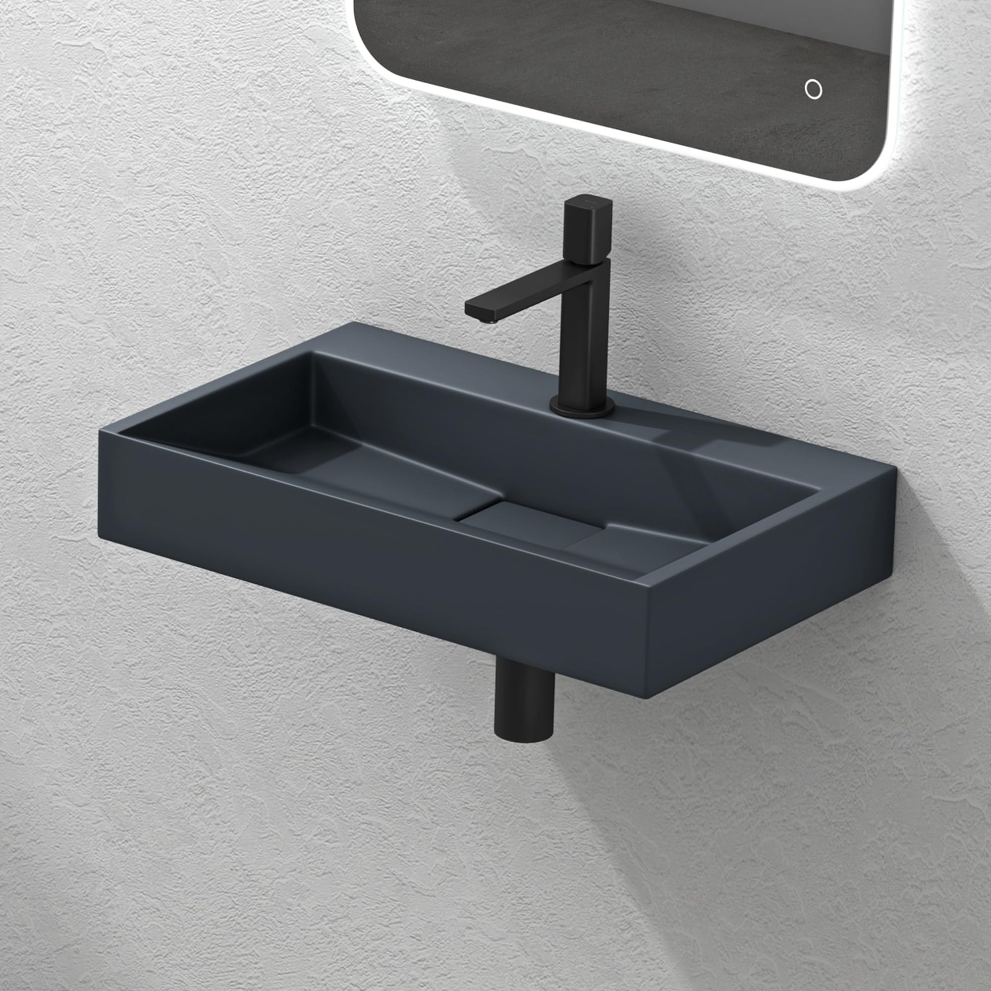 Mai & Mai Bathroom Sink Basin Countertop Wash Basin | Cast Stone Resin Sink Rectangular Matt Anthracite Wall Hung | Solid Surface Drain Fitting Wash Area 1 tap Hole | WDH：60×38×11cm Col19