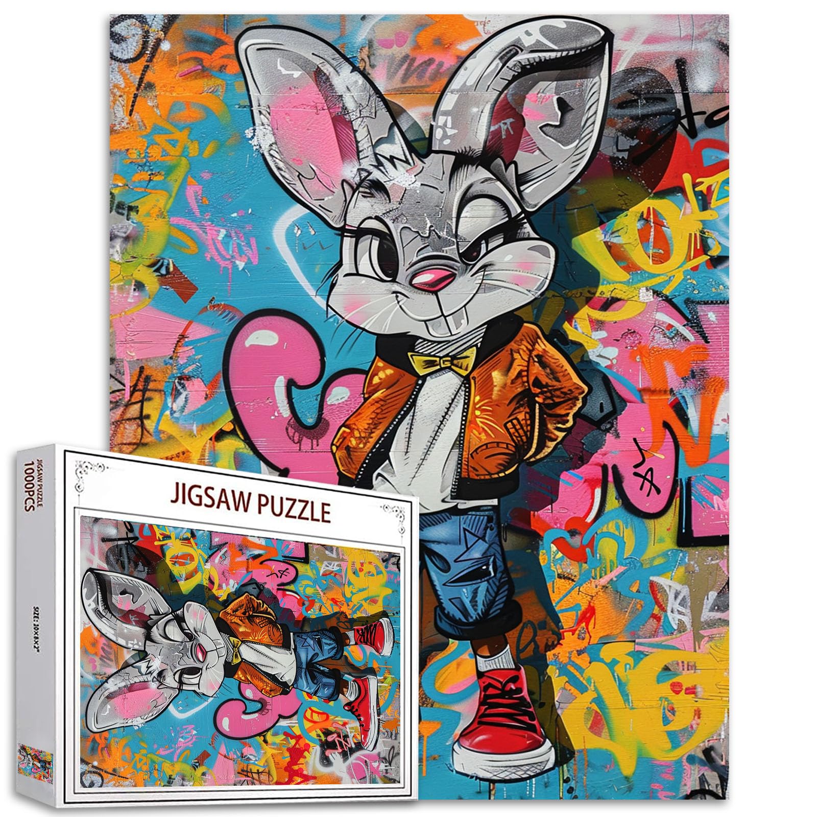 Puzzles for Adults 1000 Pieces - Colorful Rabbit Puzzle for Home Decor Zero Dust Easy Storage - Colorful Hippie Style Jigsaw Puzzles Gift Retro Funny Bunny 1000 Piece Puzzle