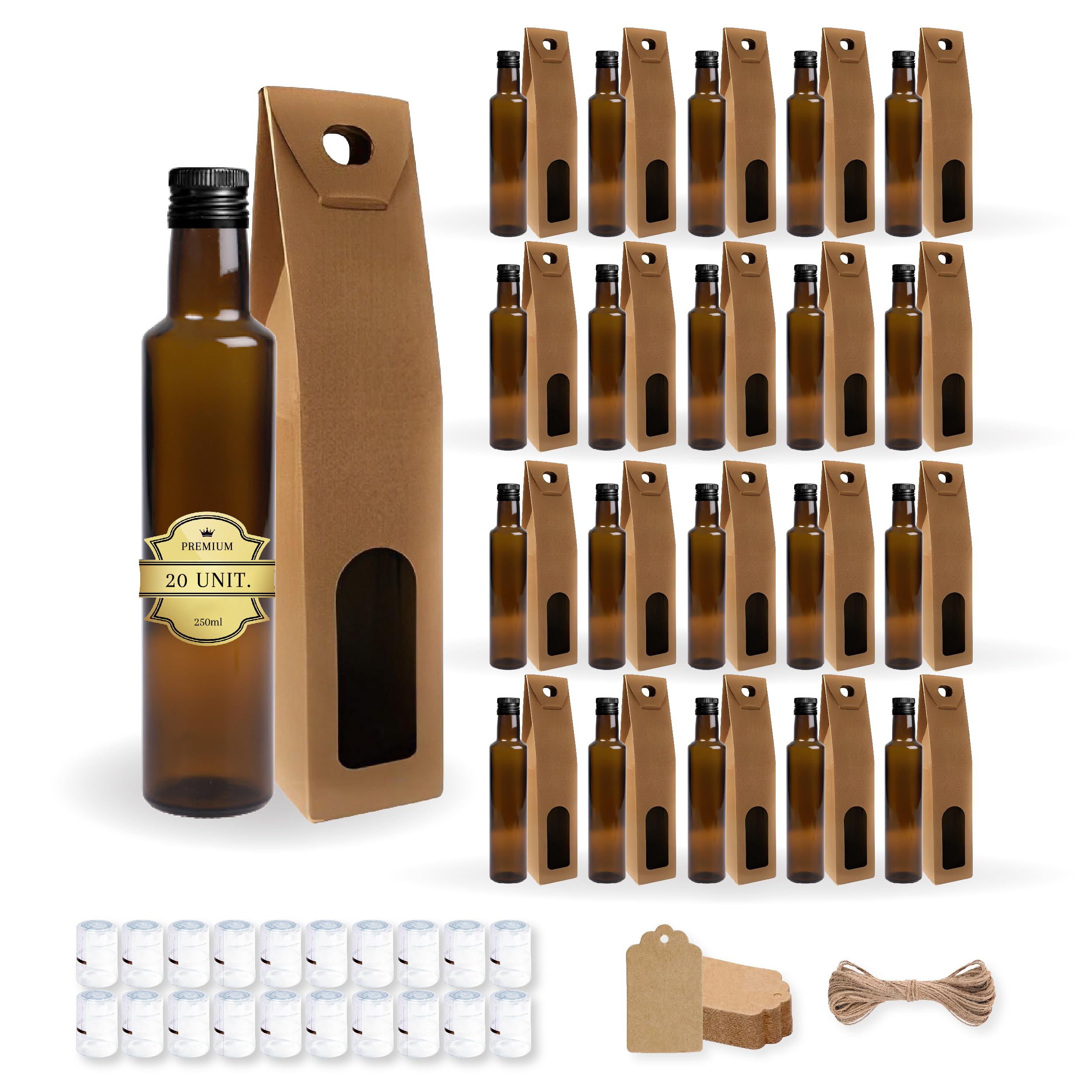 Set 20 Bottiglie di Vetro Scuro 250 ml con Tappo Nero + 20 Scatole, 20 Sigilli e 20 Etichette – Oliera Regalo per Olio e Aceto | Espirito Rebelde