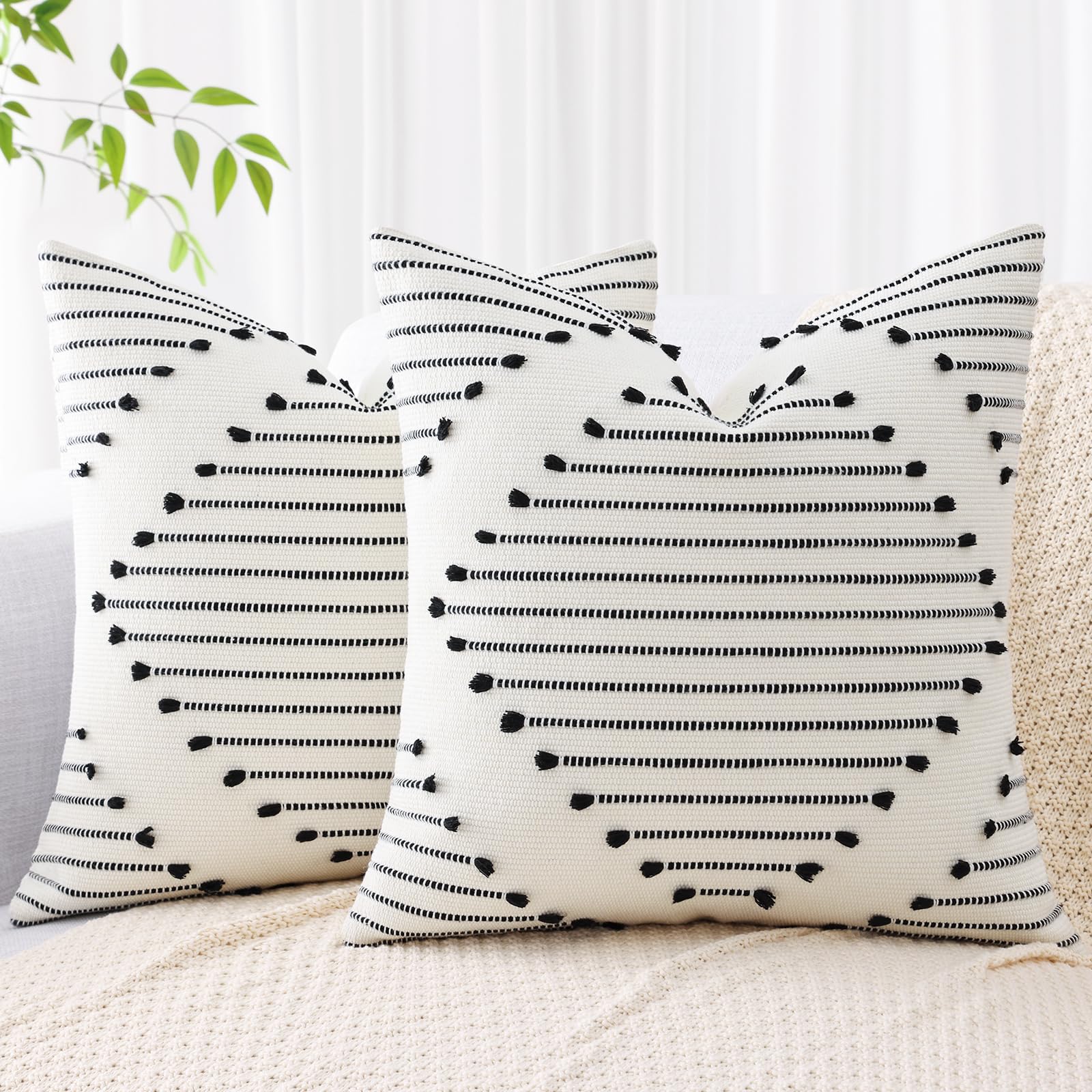 Mecatny Boho Indoor Outdoor Throw Pillow Covers 18X18 Set of 2, Farmhouse Decorative Pillow Covers for Couch Sofa Living Room, Black & Cream White