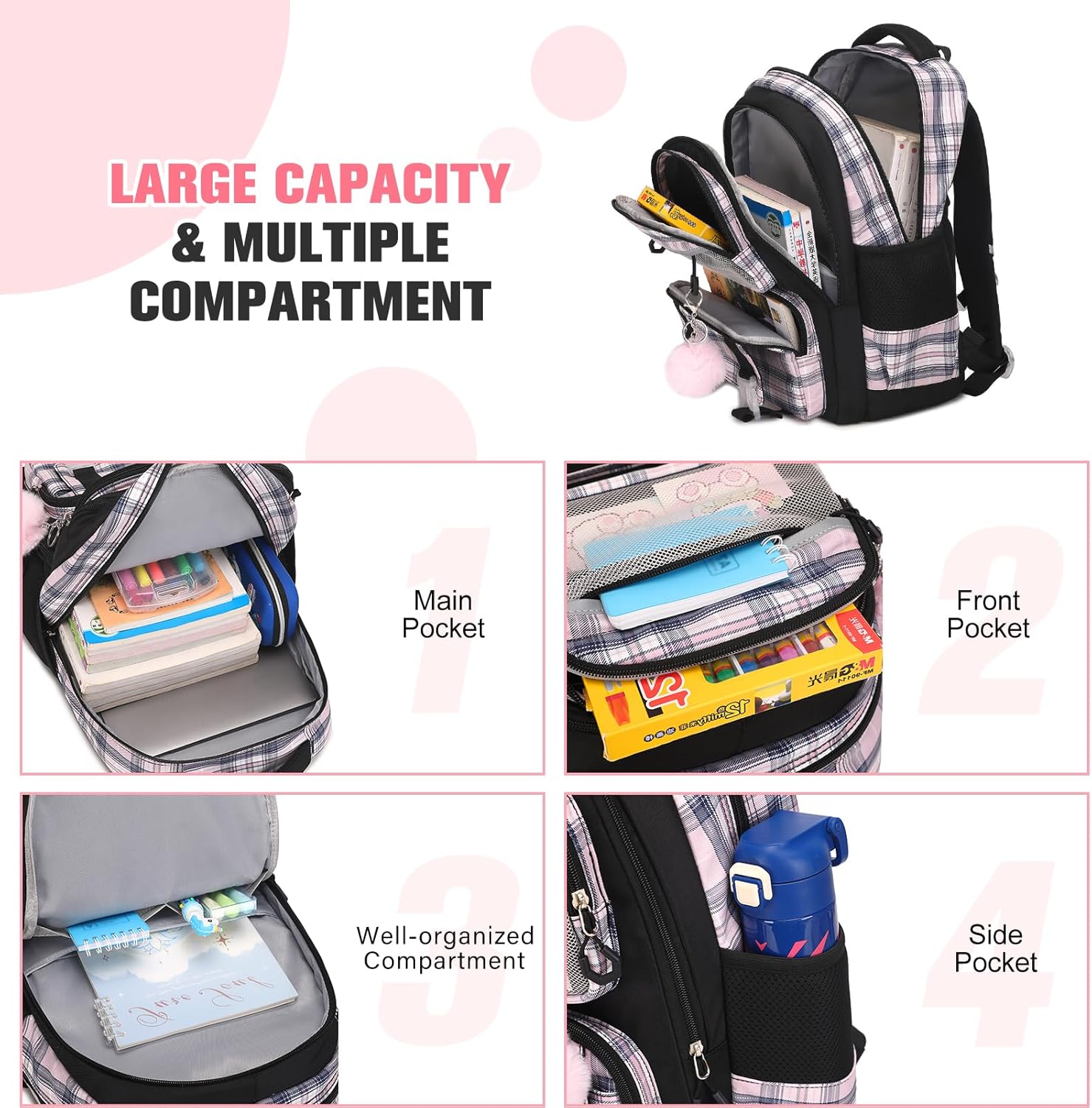 Bevalsa Kids Backpack for Girls with Bento Lunch Box Set, Plaid Purple Bookbag Backpack for Girls Kid, 43oz Lunch Containers Lunchbox, Insulated Lunch Bag & Pencial Case, Back To School Gift